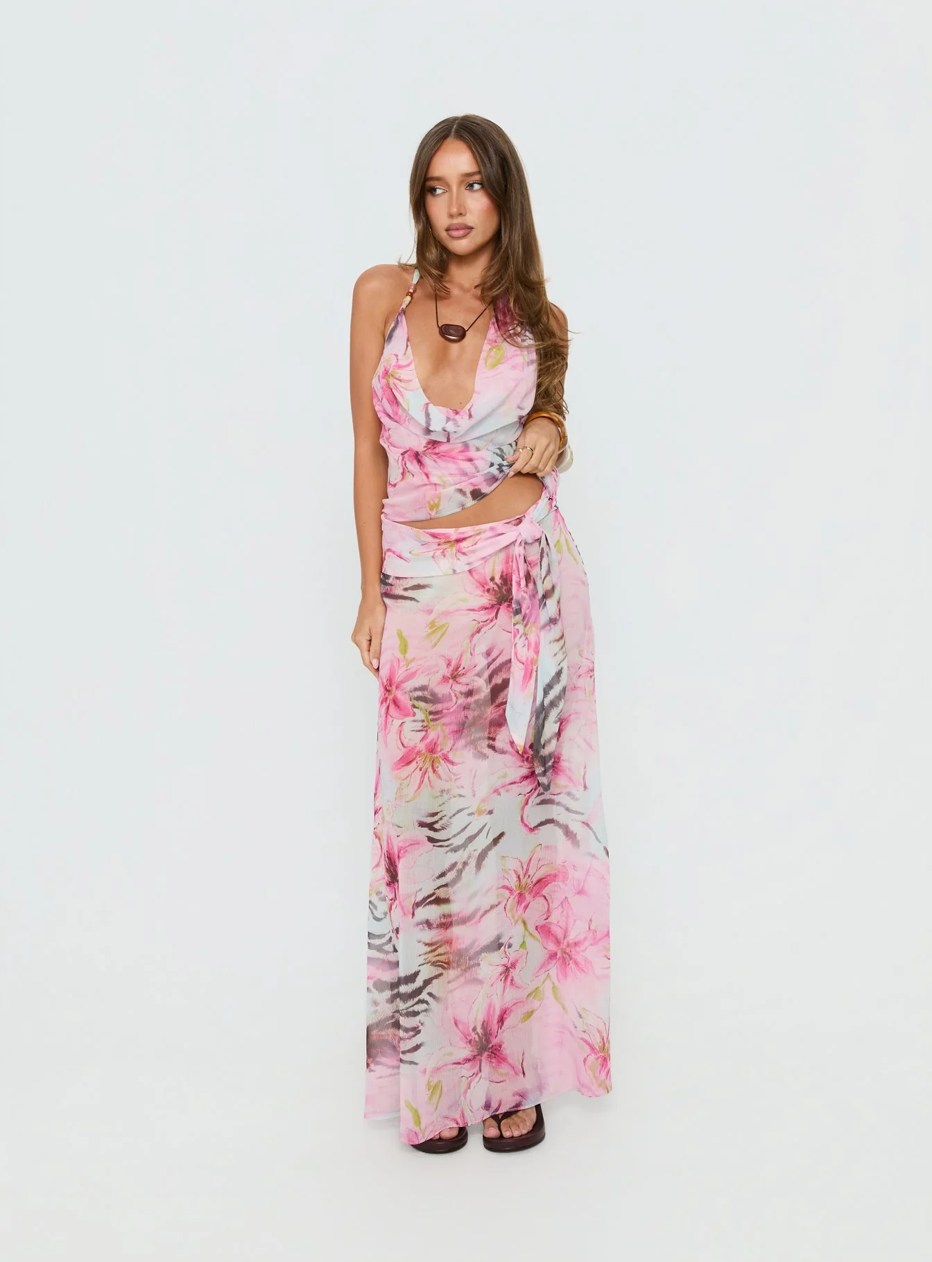 Karzi Chiffon Maxi Skirt Pink Floral