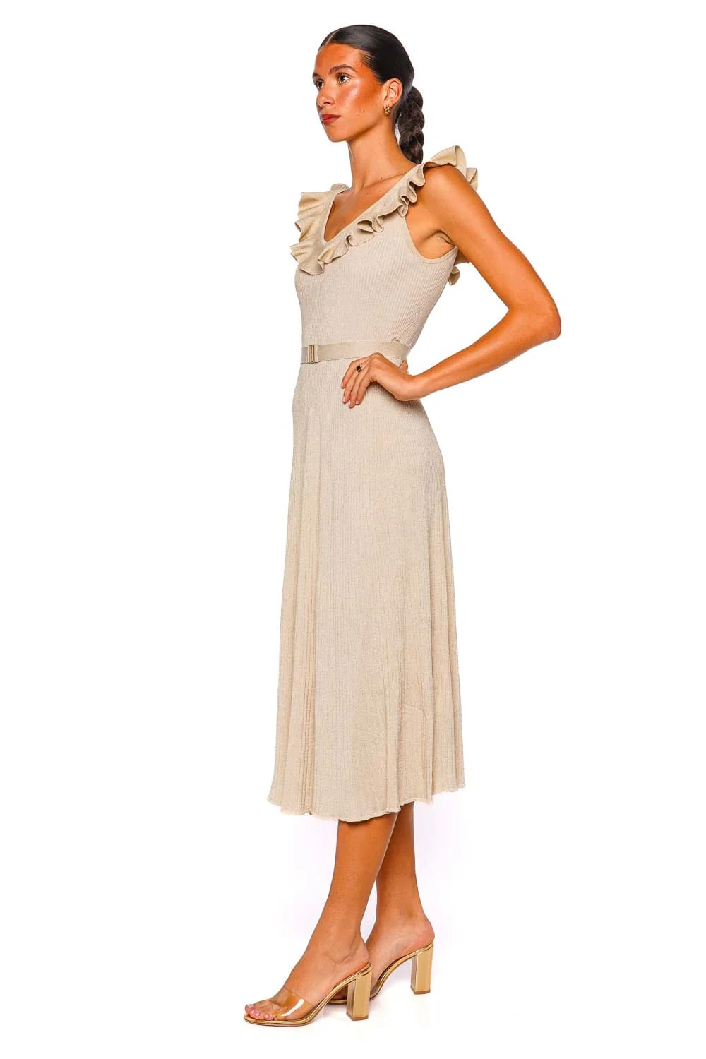 ZIMMERMANN Awaken Metallic Gold Ruffled Knit Midi Dress