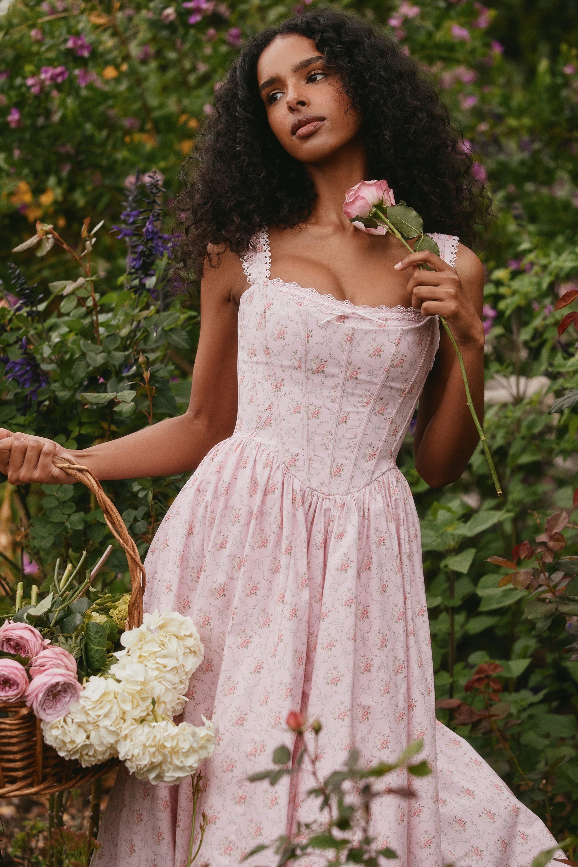 pink rose print stretch cotton corset midi dress