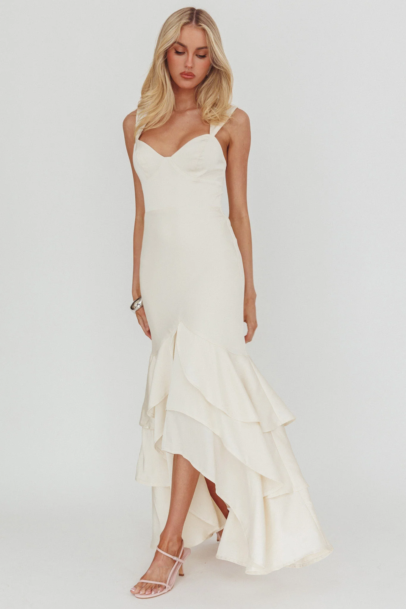 Baylin Layered Mermaid Hem Maxi Dress Cream