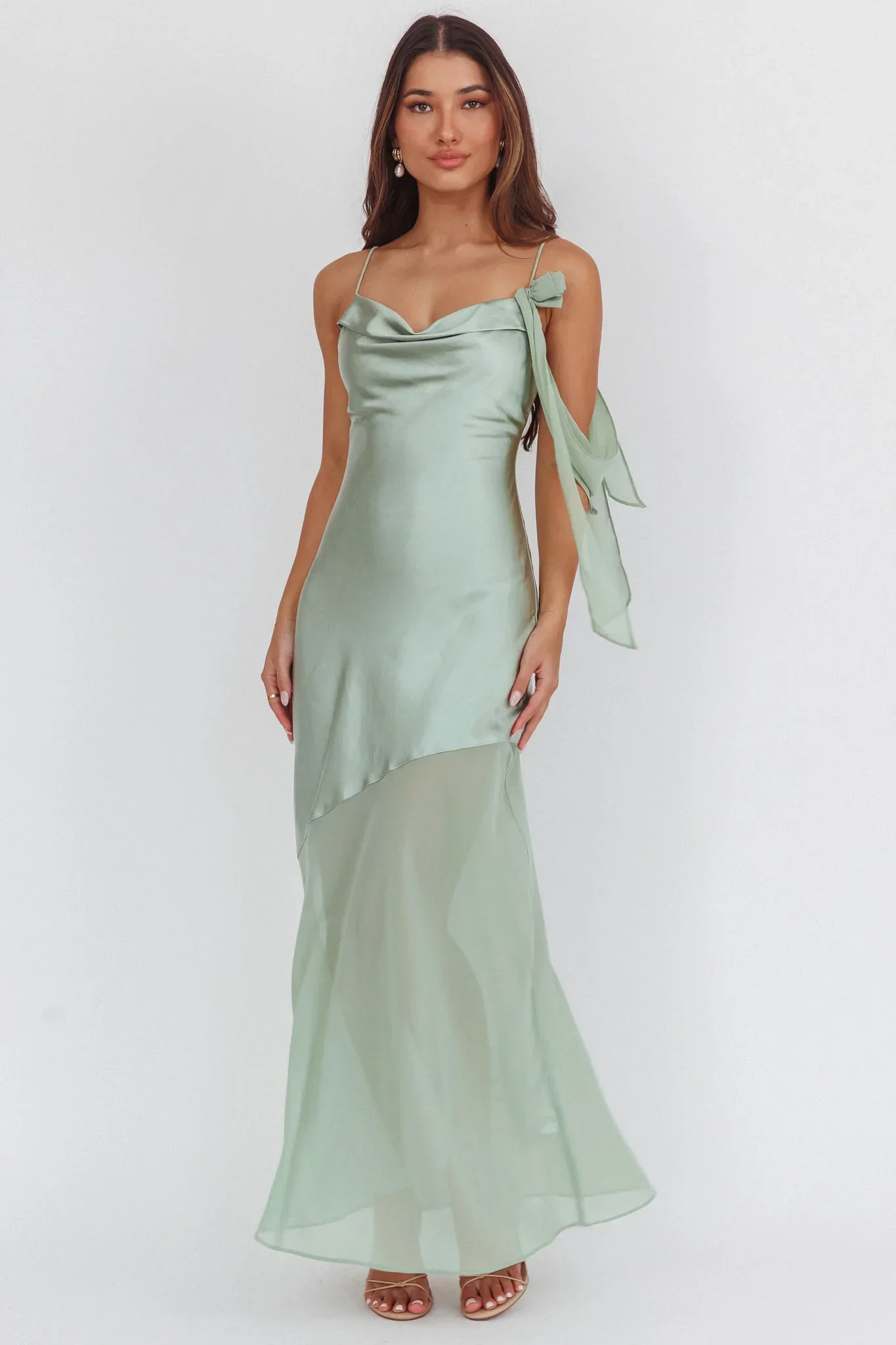 Gilded Dream Shoulder Detail Chiffon Hem Maxi Dress Sage