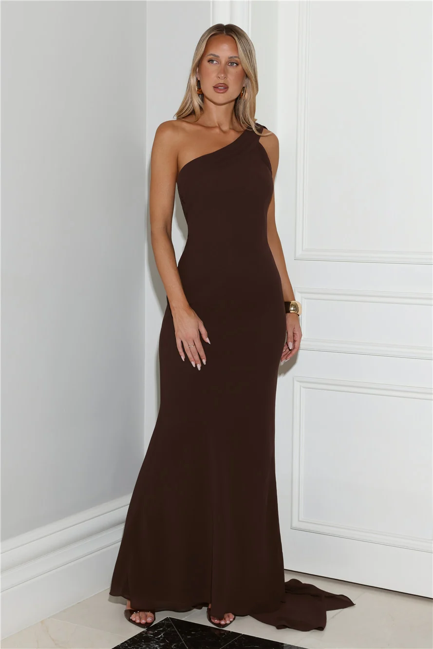 Sultry Drape One Shoulder Maxi Dress Chocolate