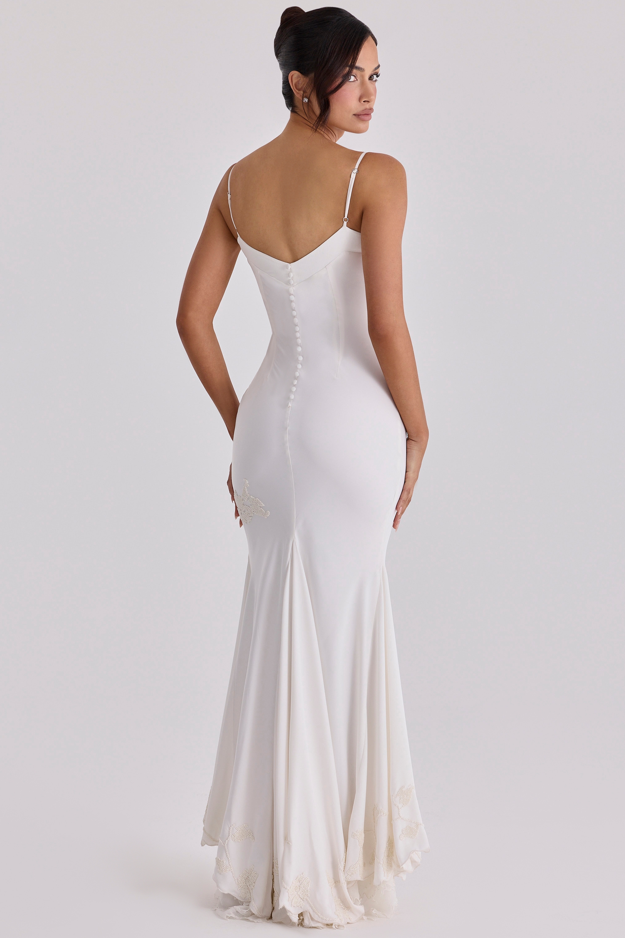 Vintage Ivory Satin Hand Beaded Embellished Maxi Dress