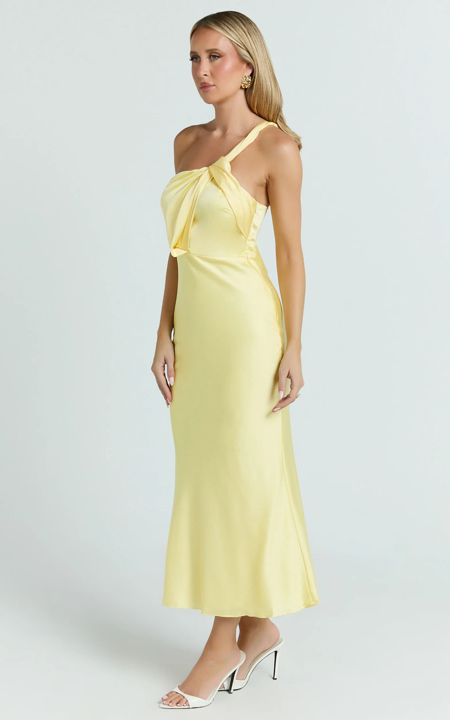 Carmella Midi Dress - One Shoulder Twist Detail Dress in Butter Yellow