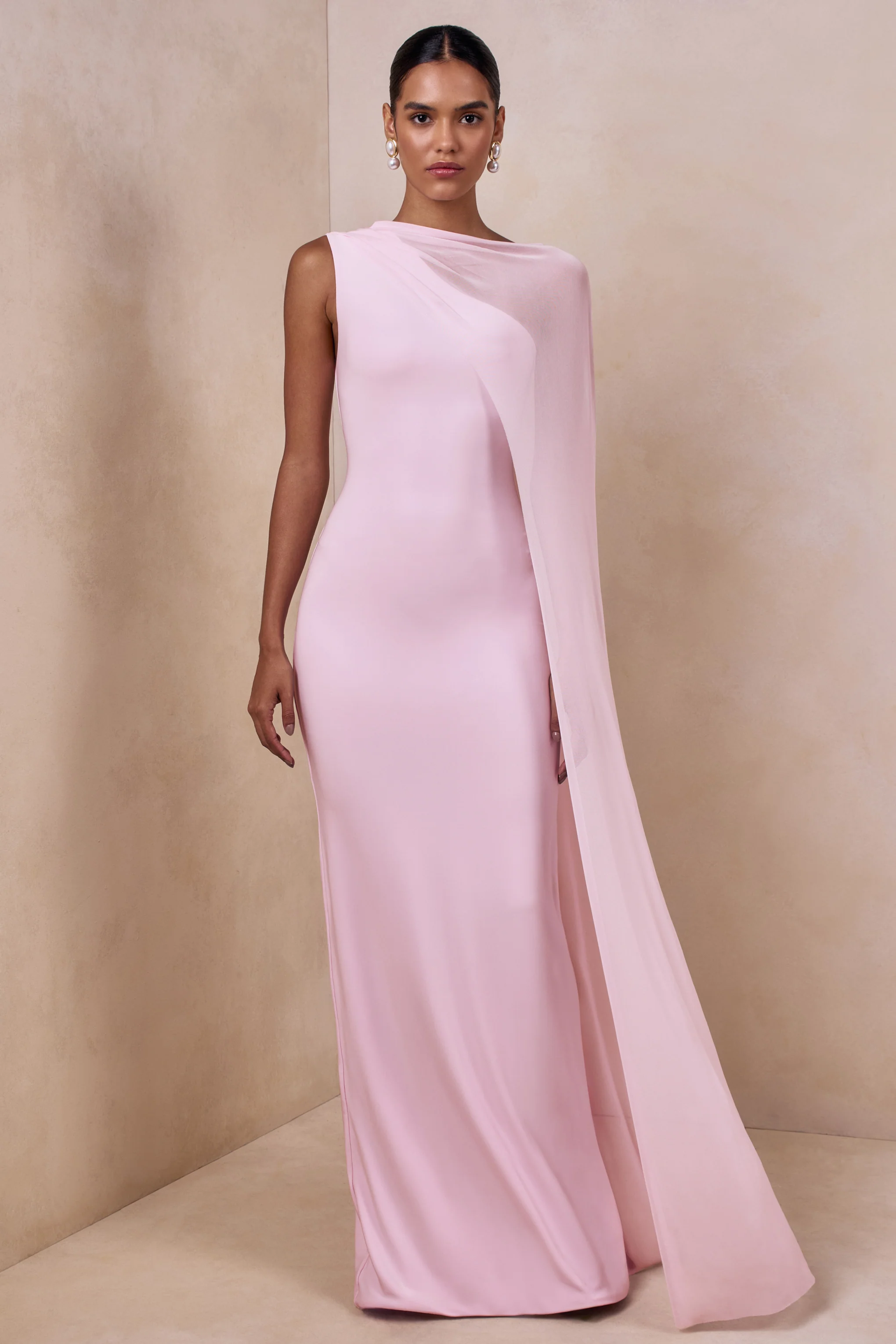 Mirelle | Light Pink Boat-Neck Maxi Dress With Cape-Sleeve