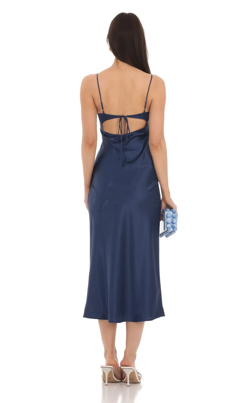 Satin Open Back Midi Dress in Navy - luluinthesky