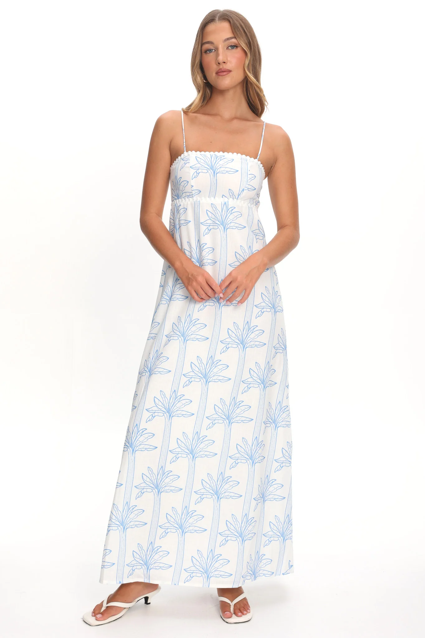 Patty Lace Trim Maxi Dress Palms White/Blue