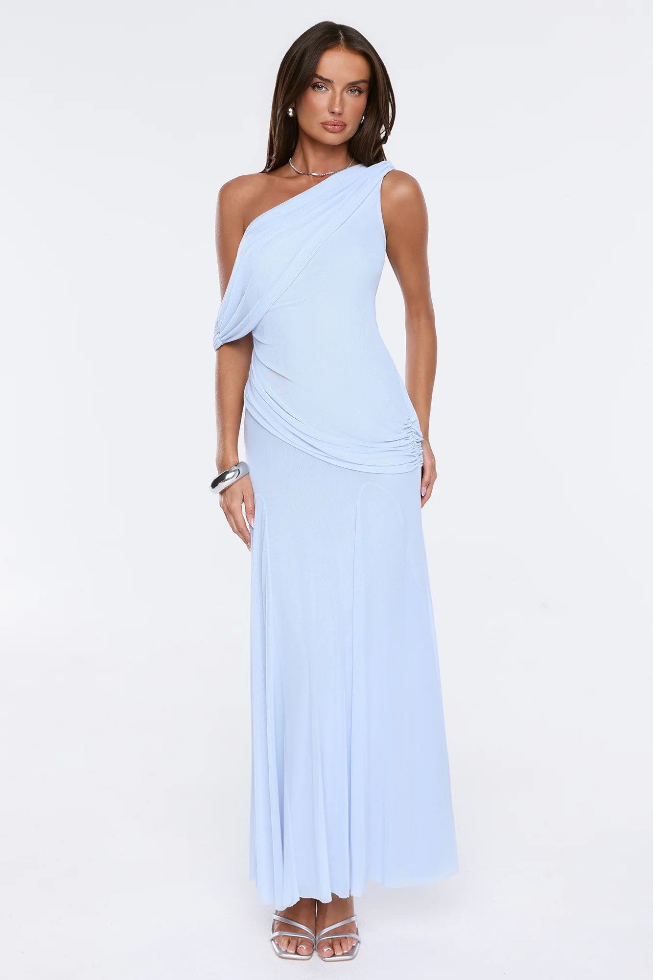 The Influencer Mesh One Shoulder Maxi Dress Blue
