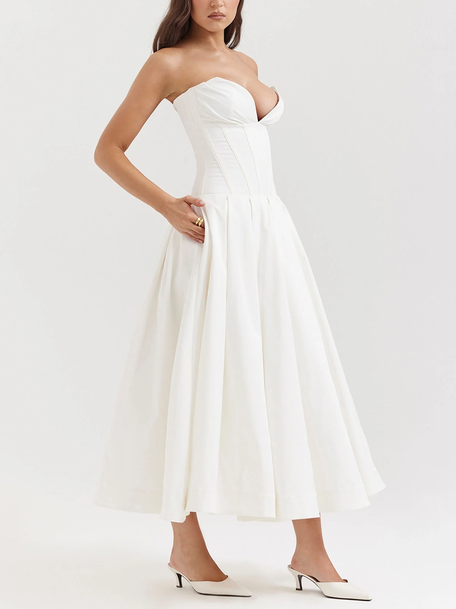 White Strapless Fit-and-Flare Midi Dress