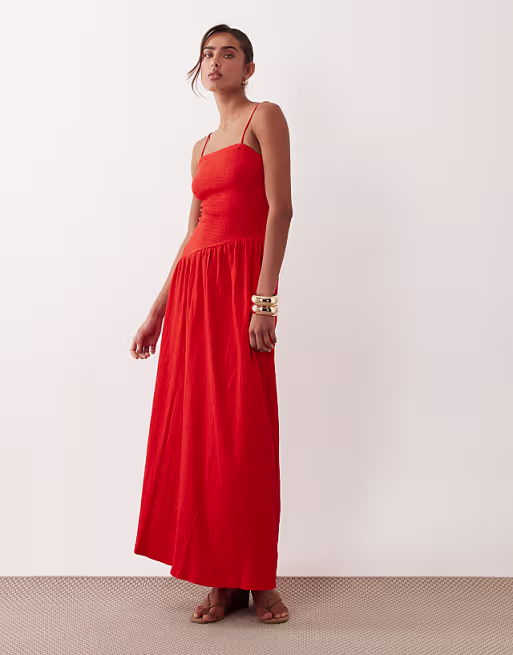 crinkle cami tie back midi dress with asymmetric waist in red