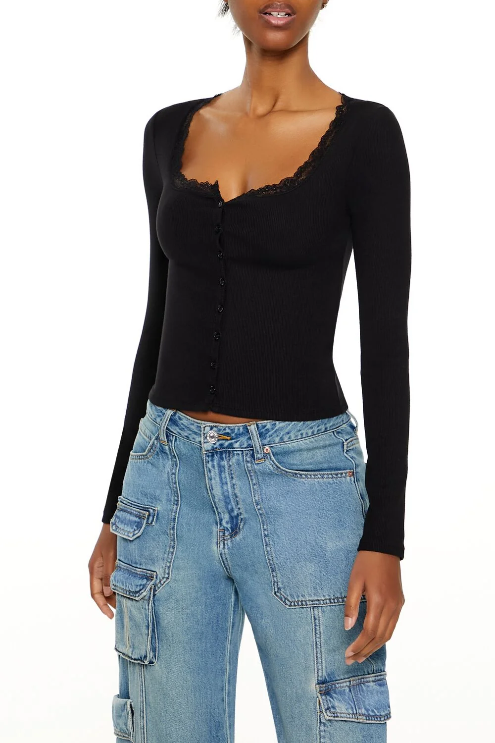 Ribbed Lace-Trim Top