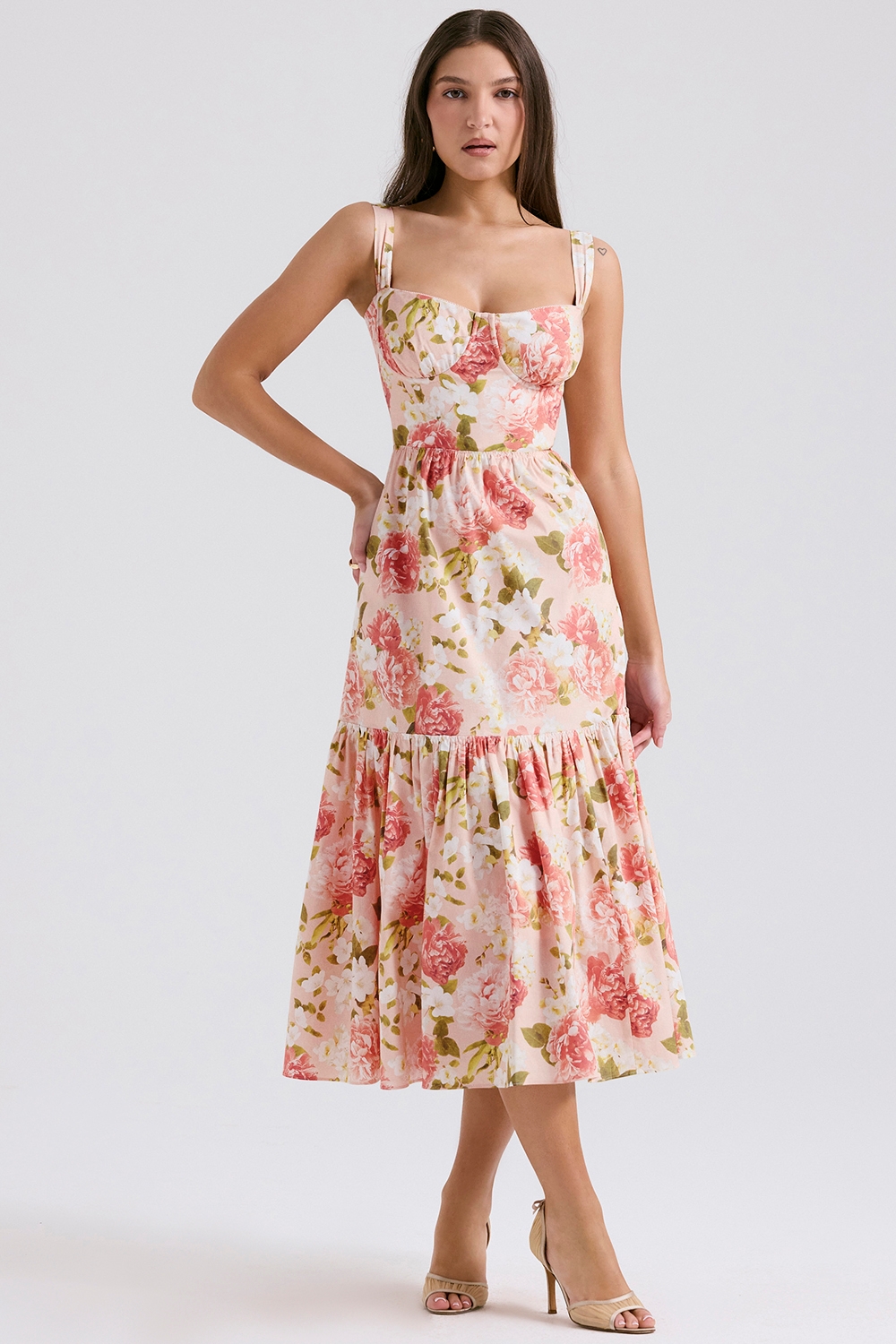 pink peony print cotton midi sundress
