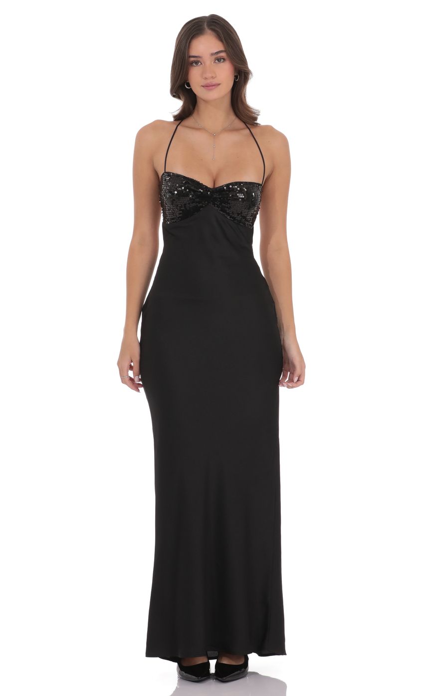 Sequin Bust Satin Maxi Dress in Black
