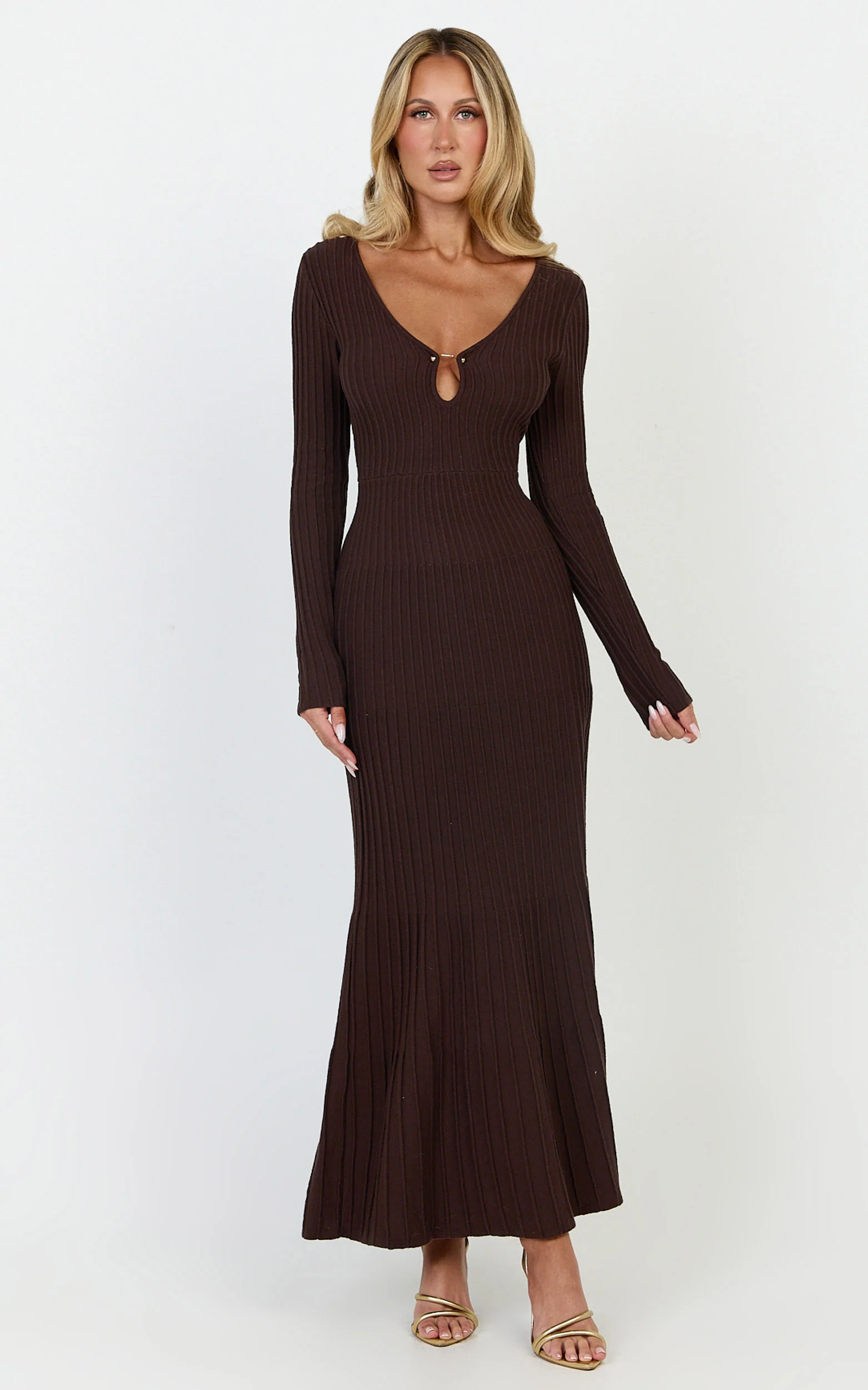 Maris Midi Dress - Keyhole and Hardware Neckline Long Sleeve Flared Dress in Choc