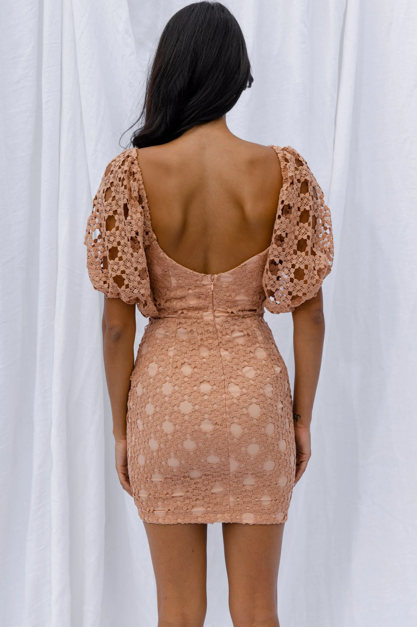 Catch Feelings Sweetheart Neckline Crochet Lace Overlay Dress Mocha
