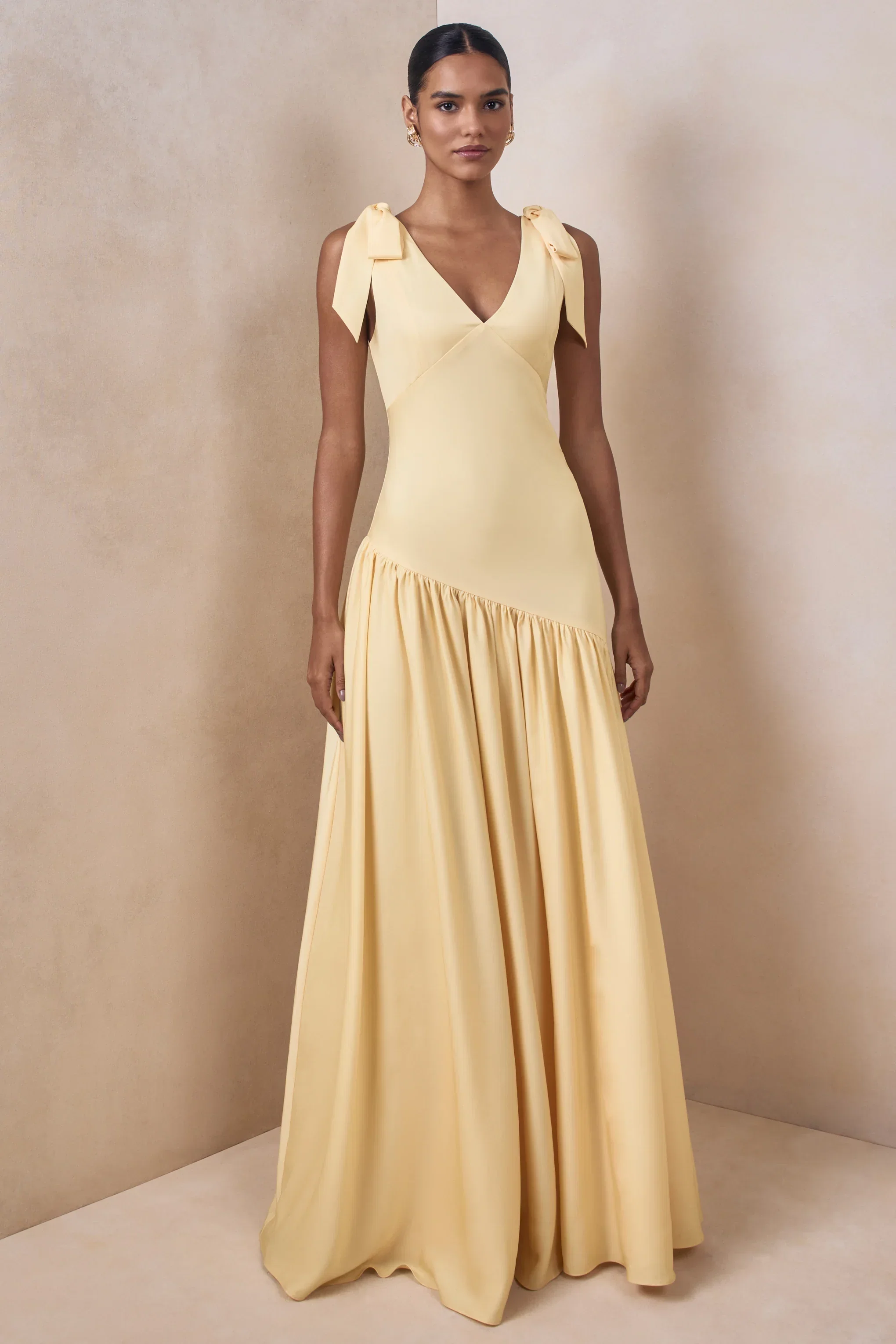 Cala | Lemon Satin Plunge-Neck Maxi Dress With Bow-Sleeves