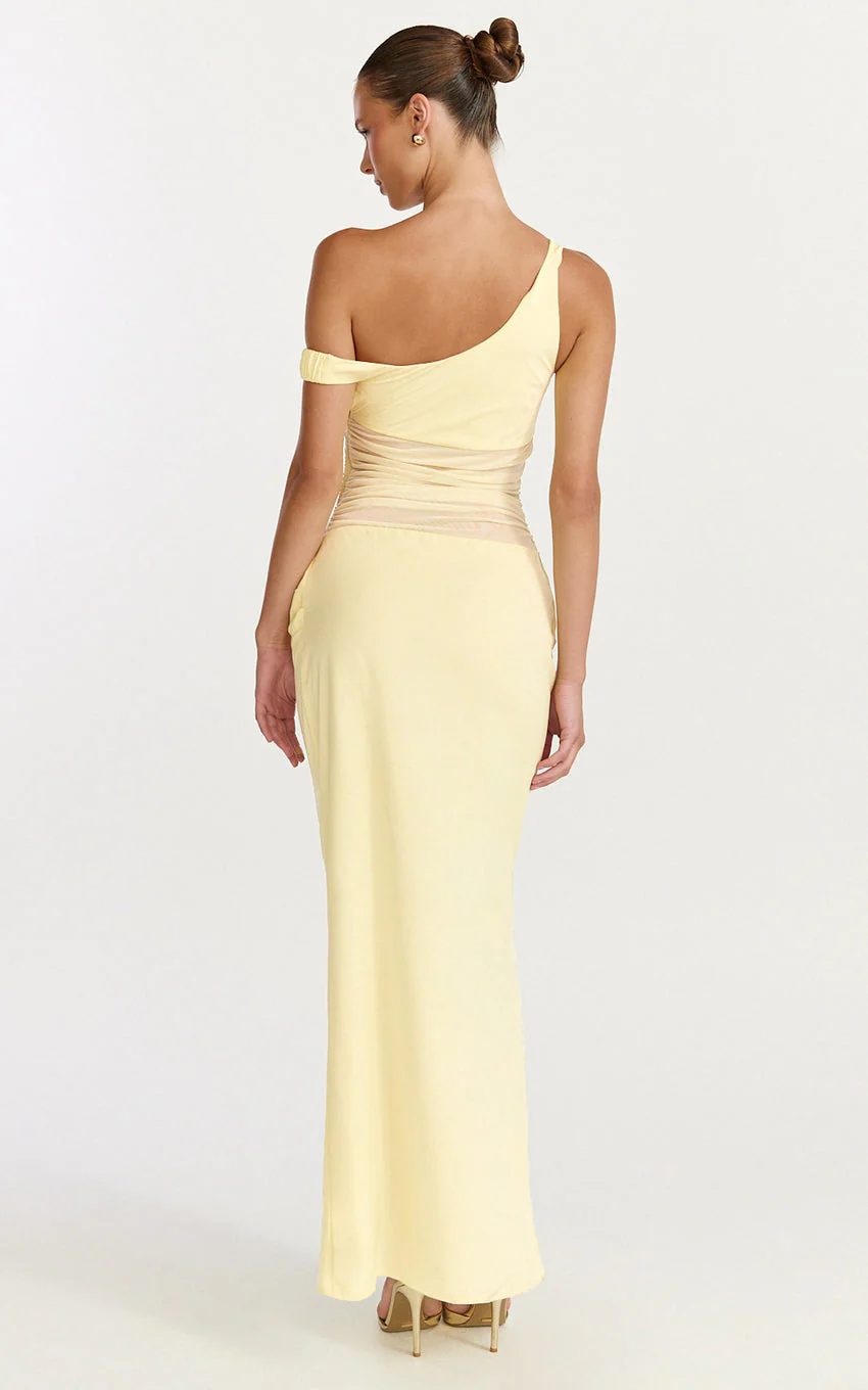 Elias Maxi Dress - Twisted One Shoulder Cowl Dropped Waist Dress in Lemon - luluinthesky