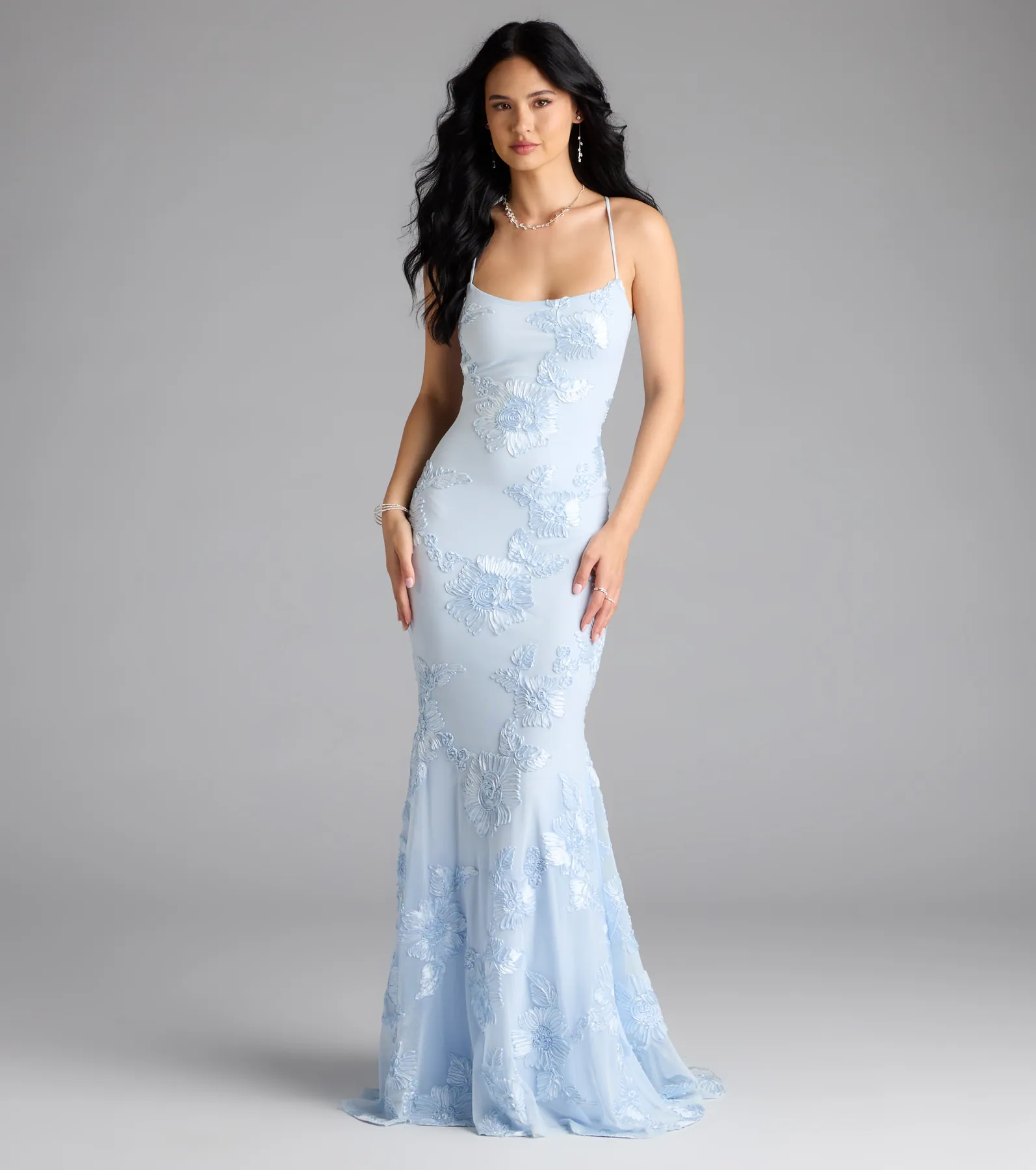 Gabi Lace-Up Floral Trim Mermaid Formal Dress - luluinthesky