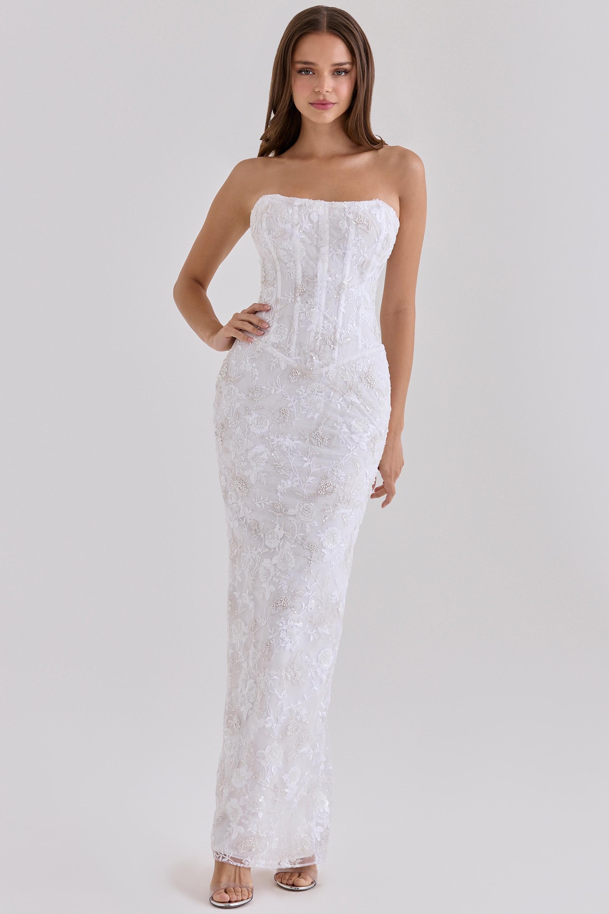 White Hand Beaded Embellished Strapless Maxi Dress