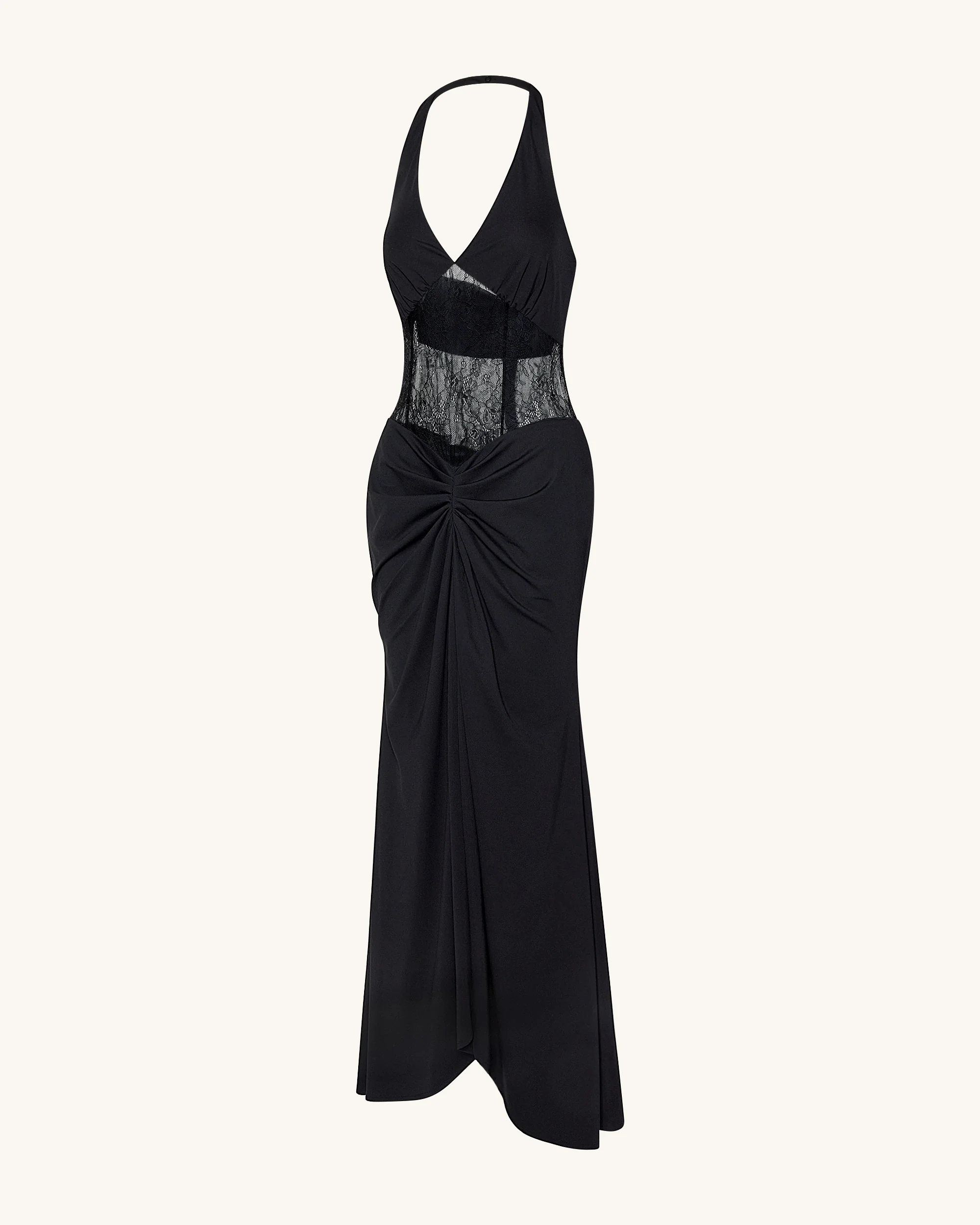 Ruched Lace Panel Maxi Dress - Black - FASHION NOB