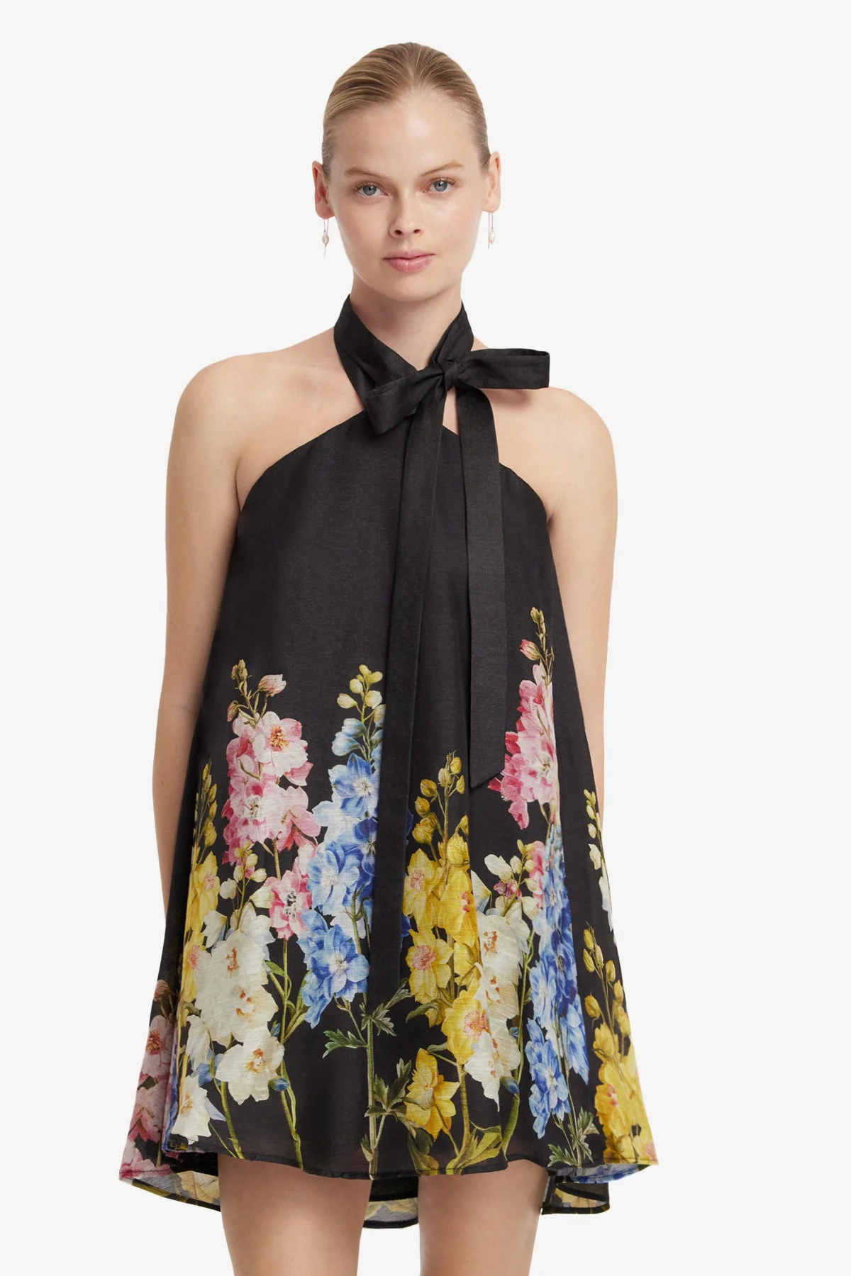 Eloise Halterneck Mini Dress - Snapdragon Print in Ebony