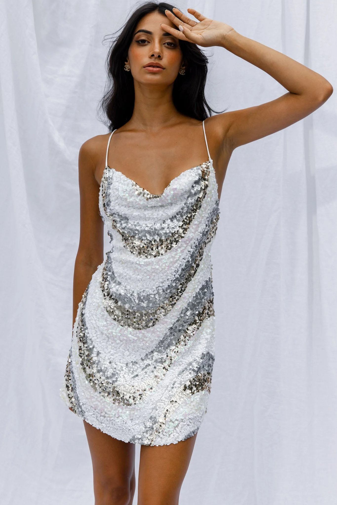 Show Me Love Cowl Neck Mini Dress Sequin Swirl White - luluinthesky