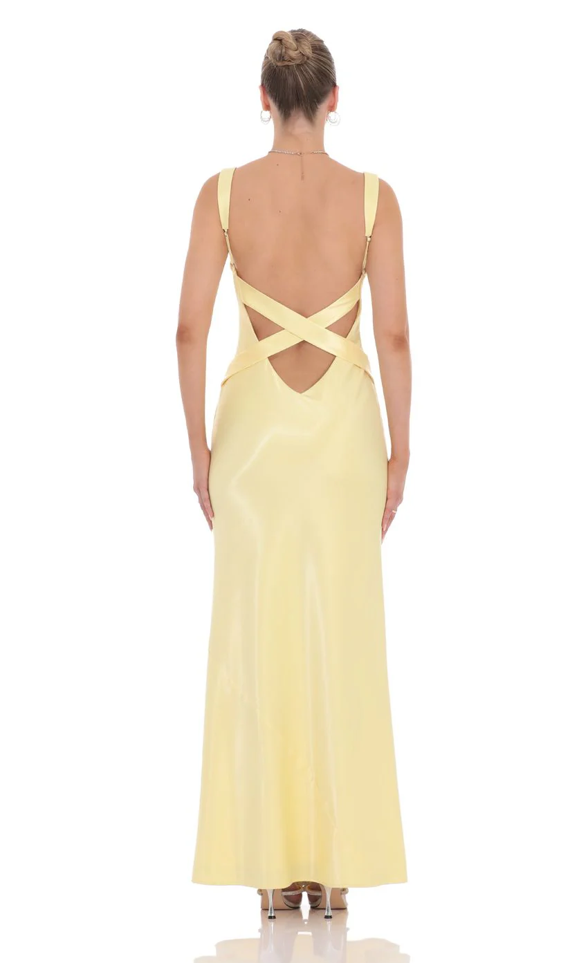 Satin Open Back Maxi Dress in Yellow