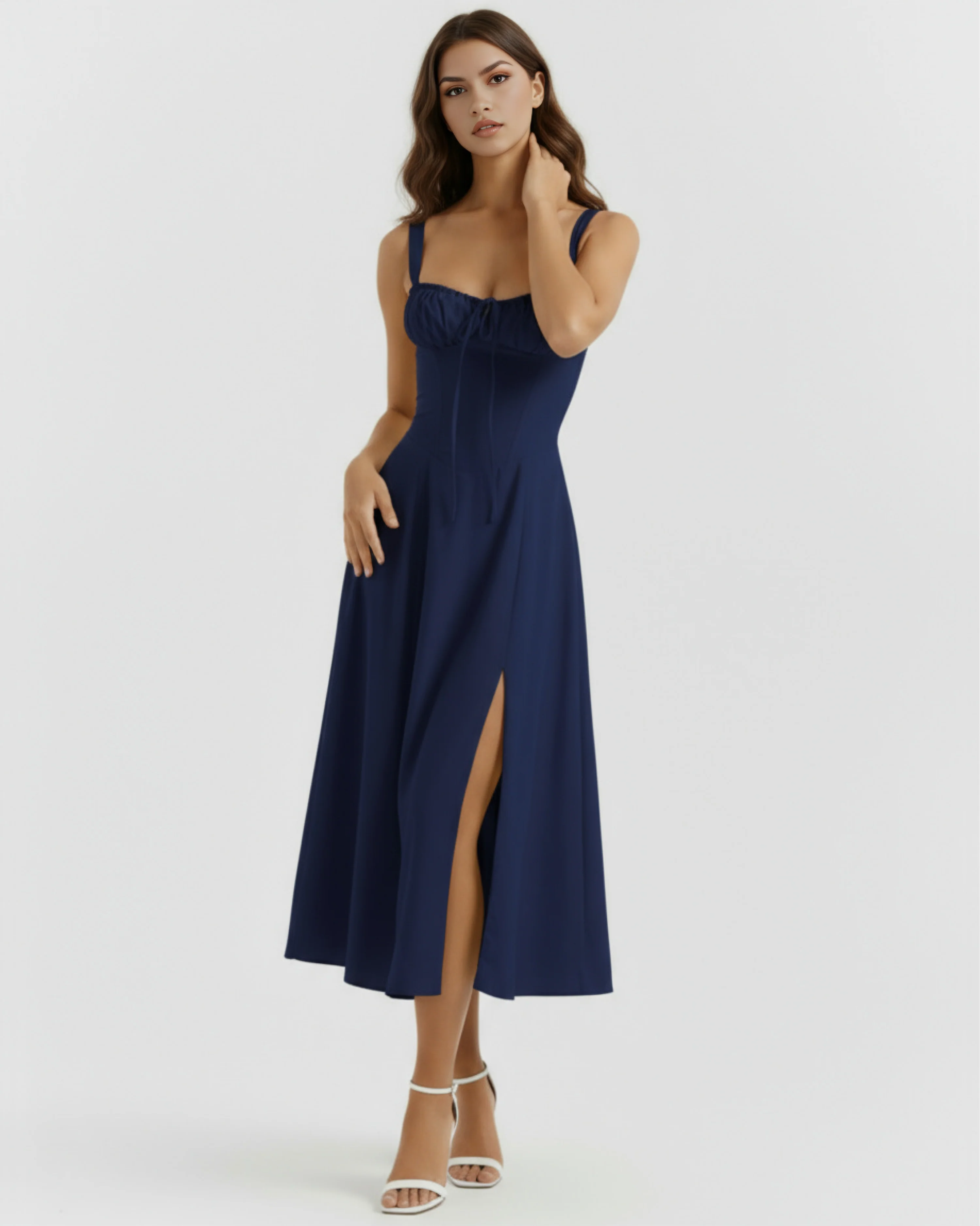 Dark Blue Cotton Midi Dress with Corset & Side Split