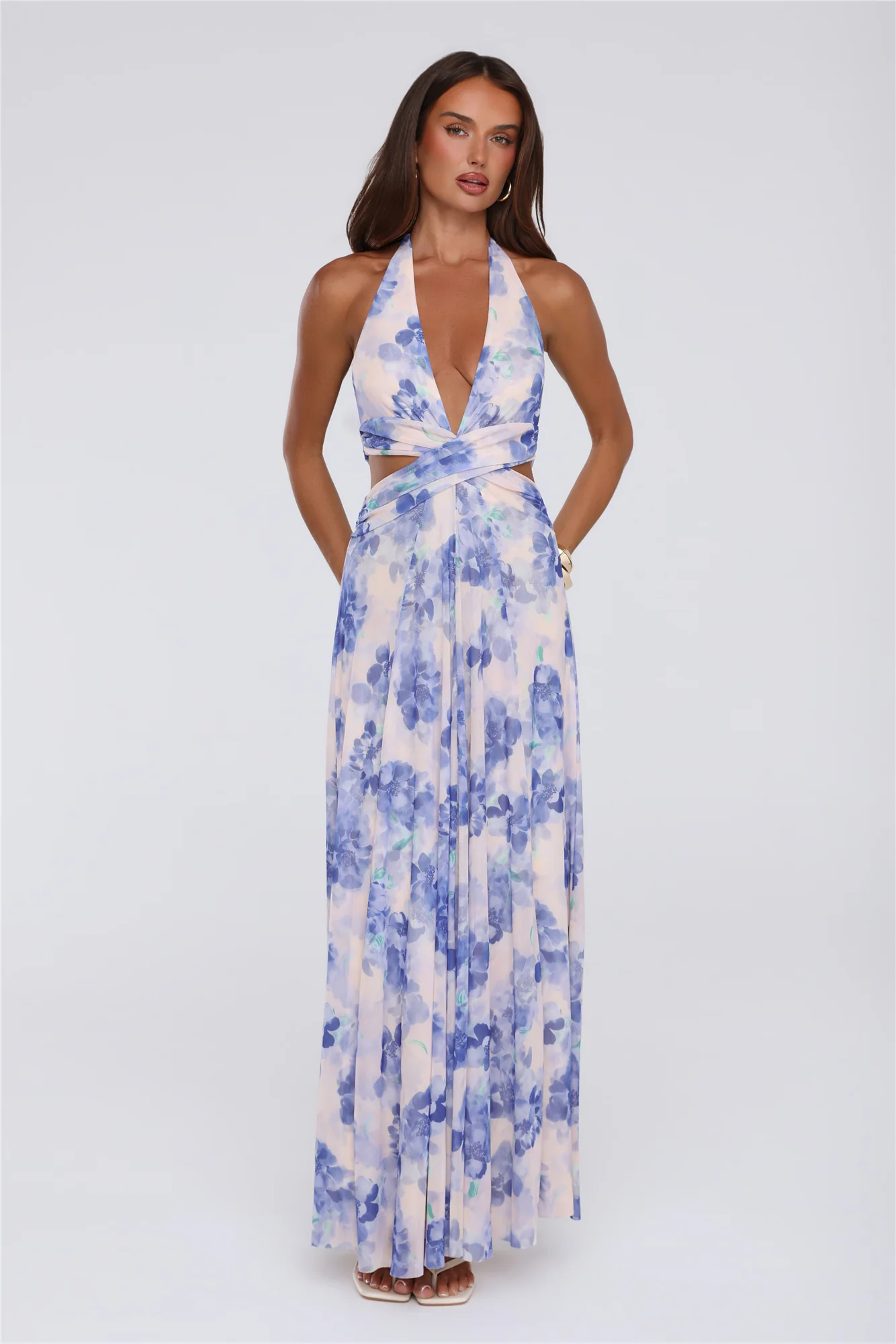 Afternoon In Azaleas Halter Maxi Dress Blue