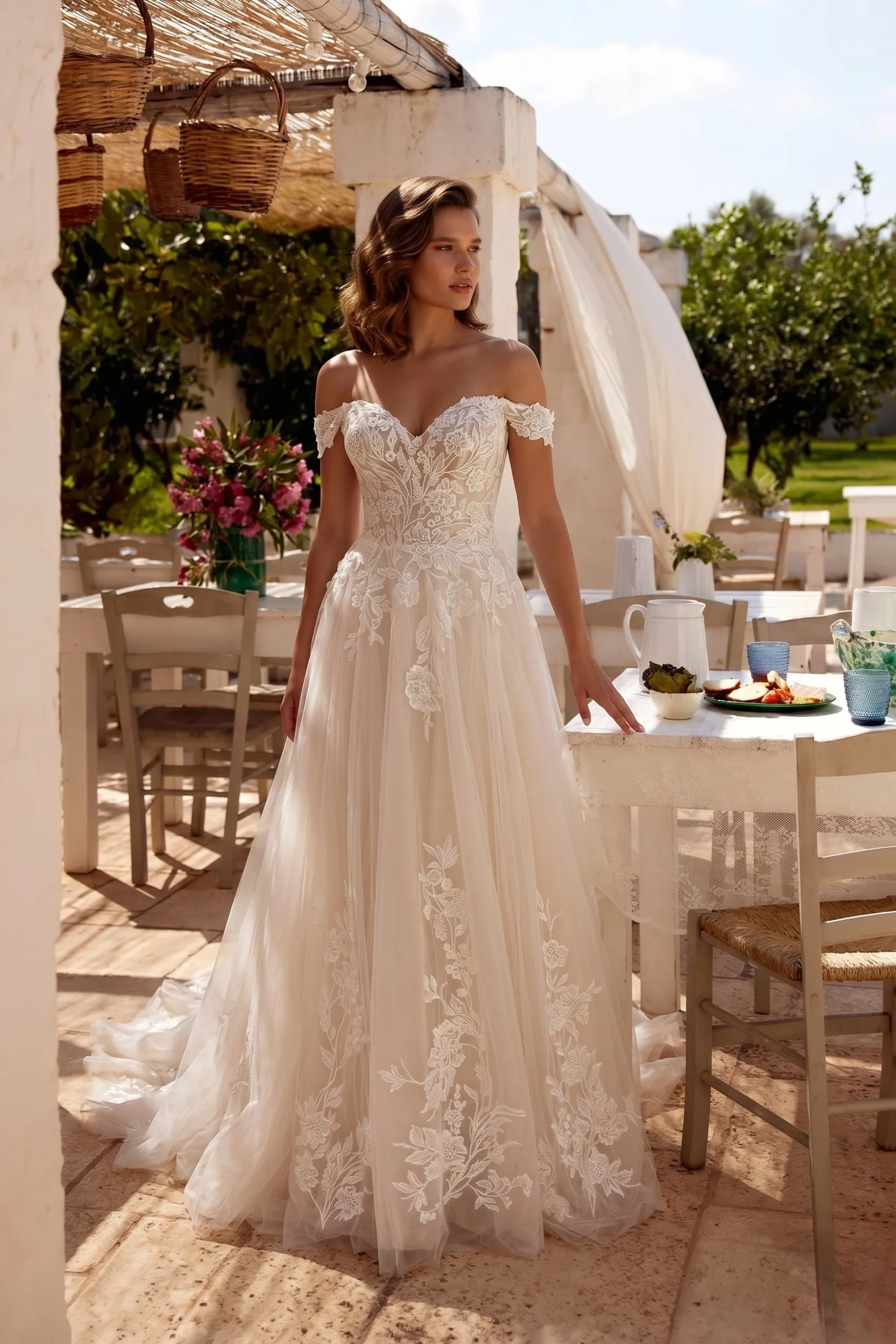 A-Line Chapel Train Lace Tulle Wedding Dress CW3278