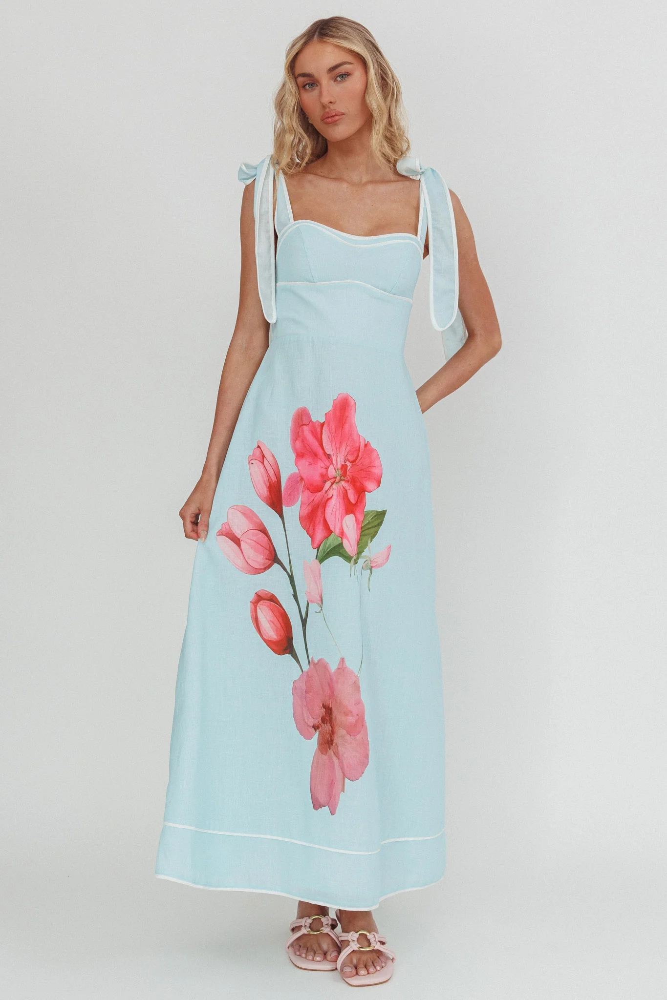 Averin Tied Shoulder Maxi Dress Flower Mint