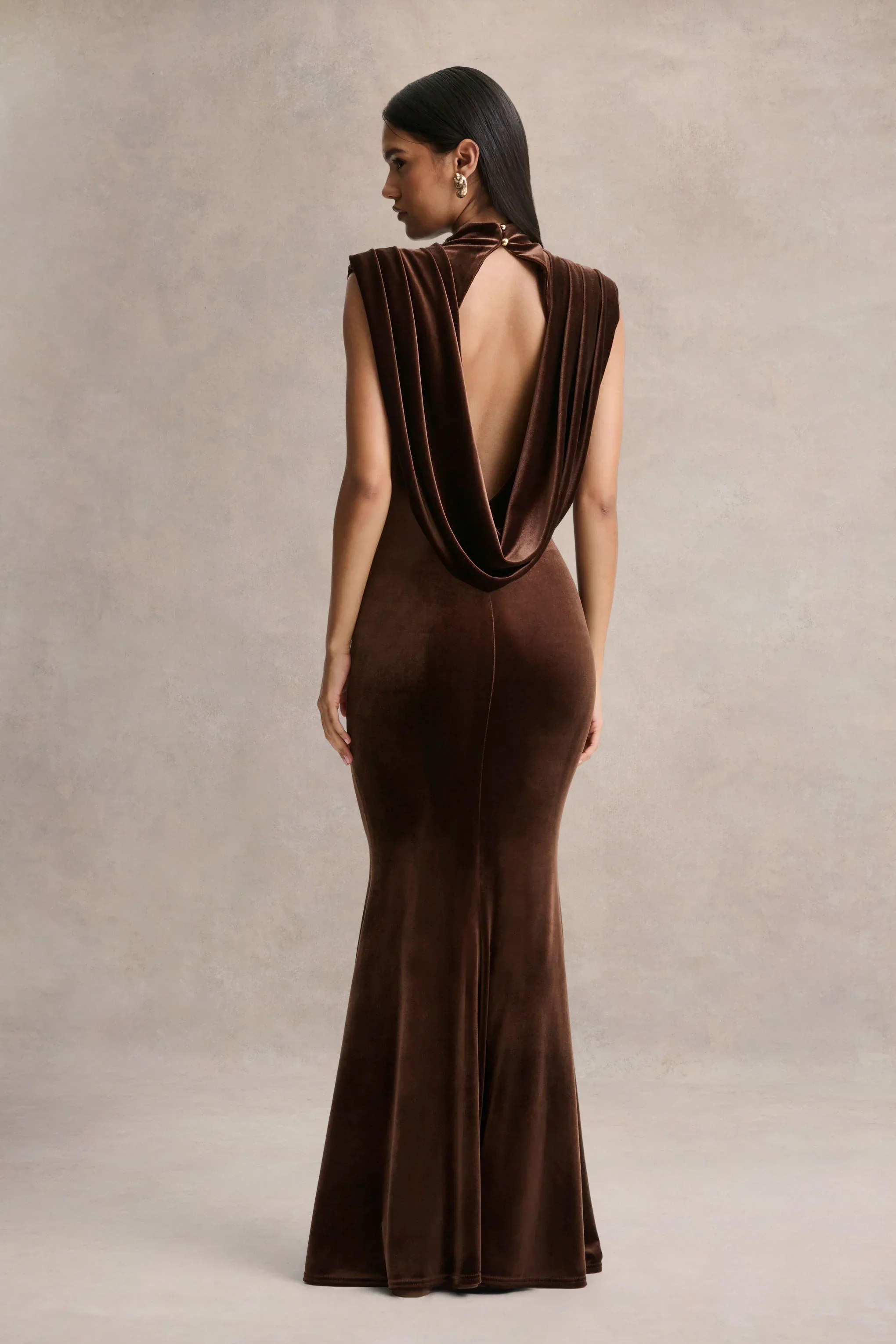 Malora | Brown Velvet High-Neck Maxi Dress With Open-Back