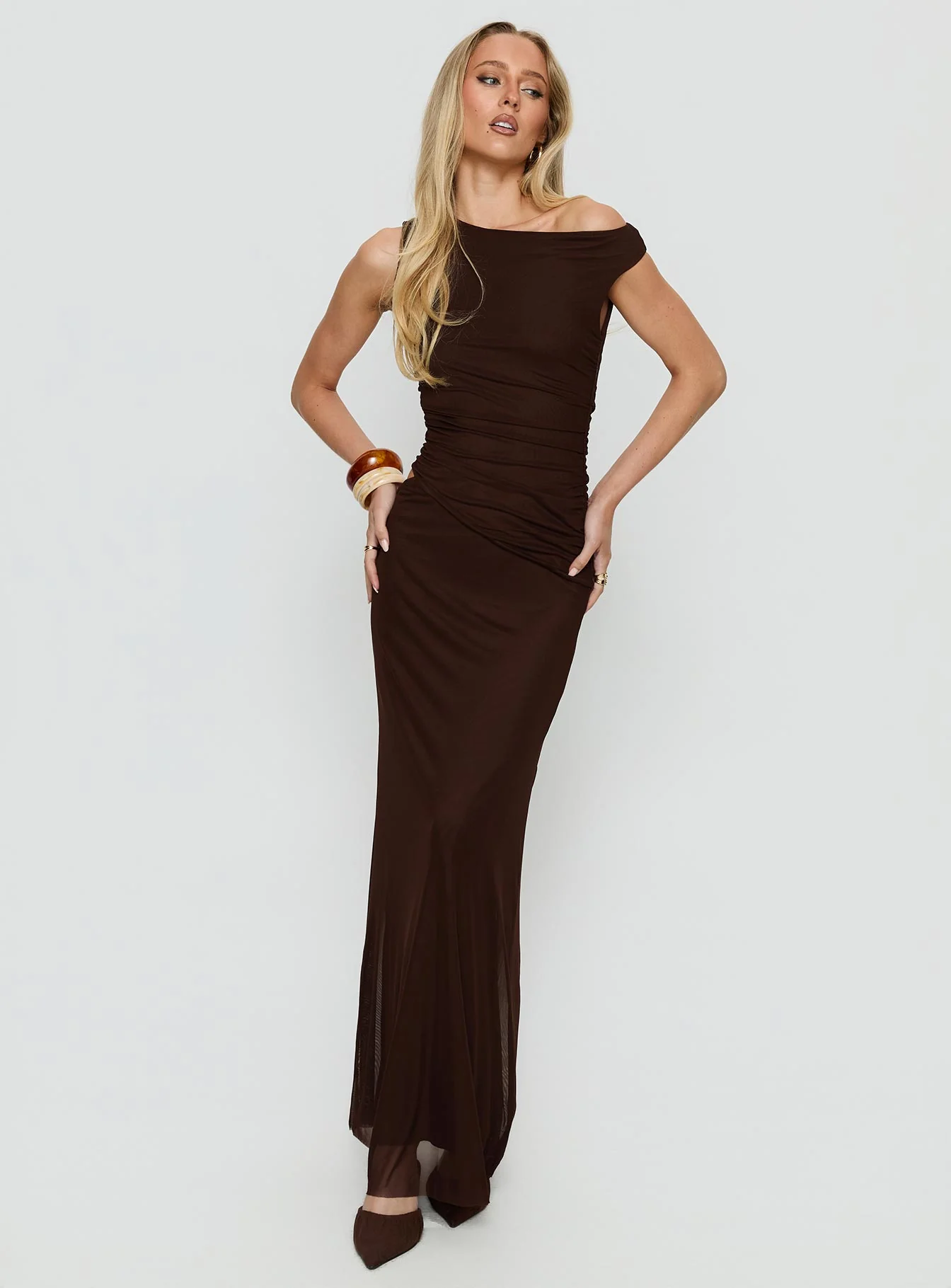 Krystyna Off Shoulder Ruched Maxi Dress Chocolate