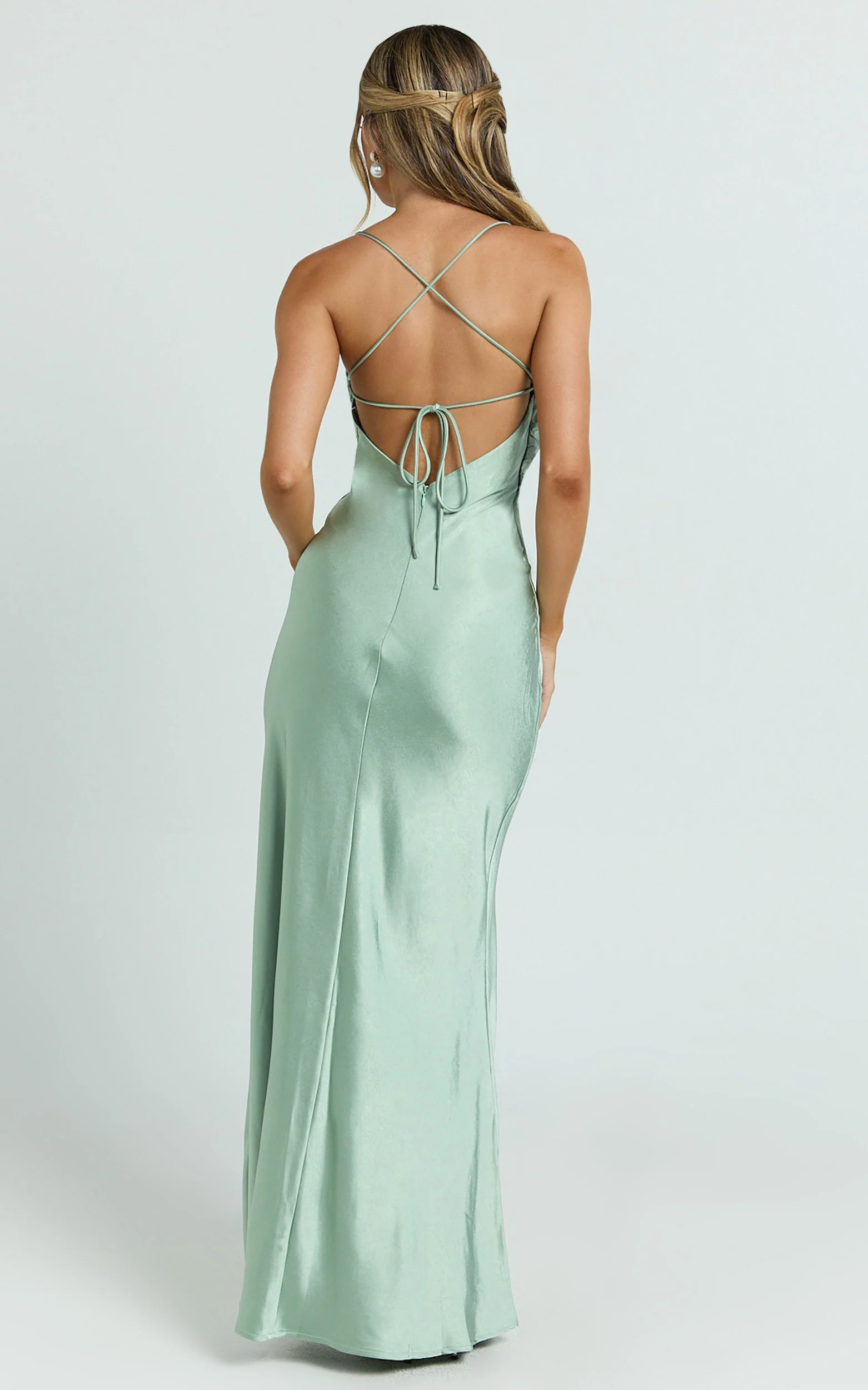Hanna Maxi Dress - Satin Cowl Neck Low Back Dress in Sage