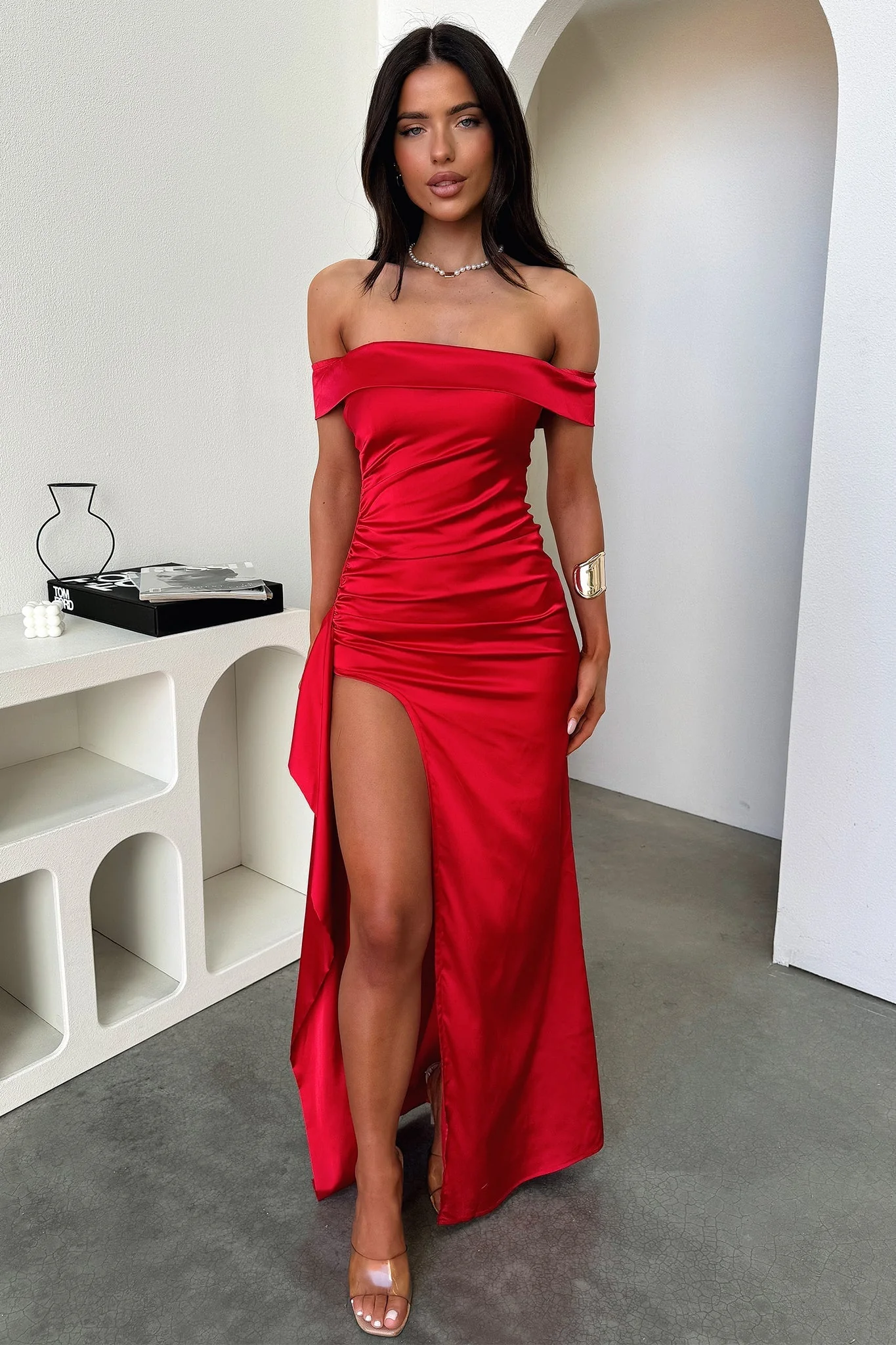 Saoirse Off Shoulder Satin Maxi Dress - Red