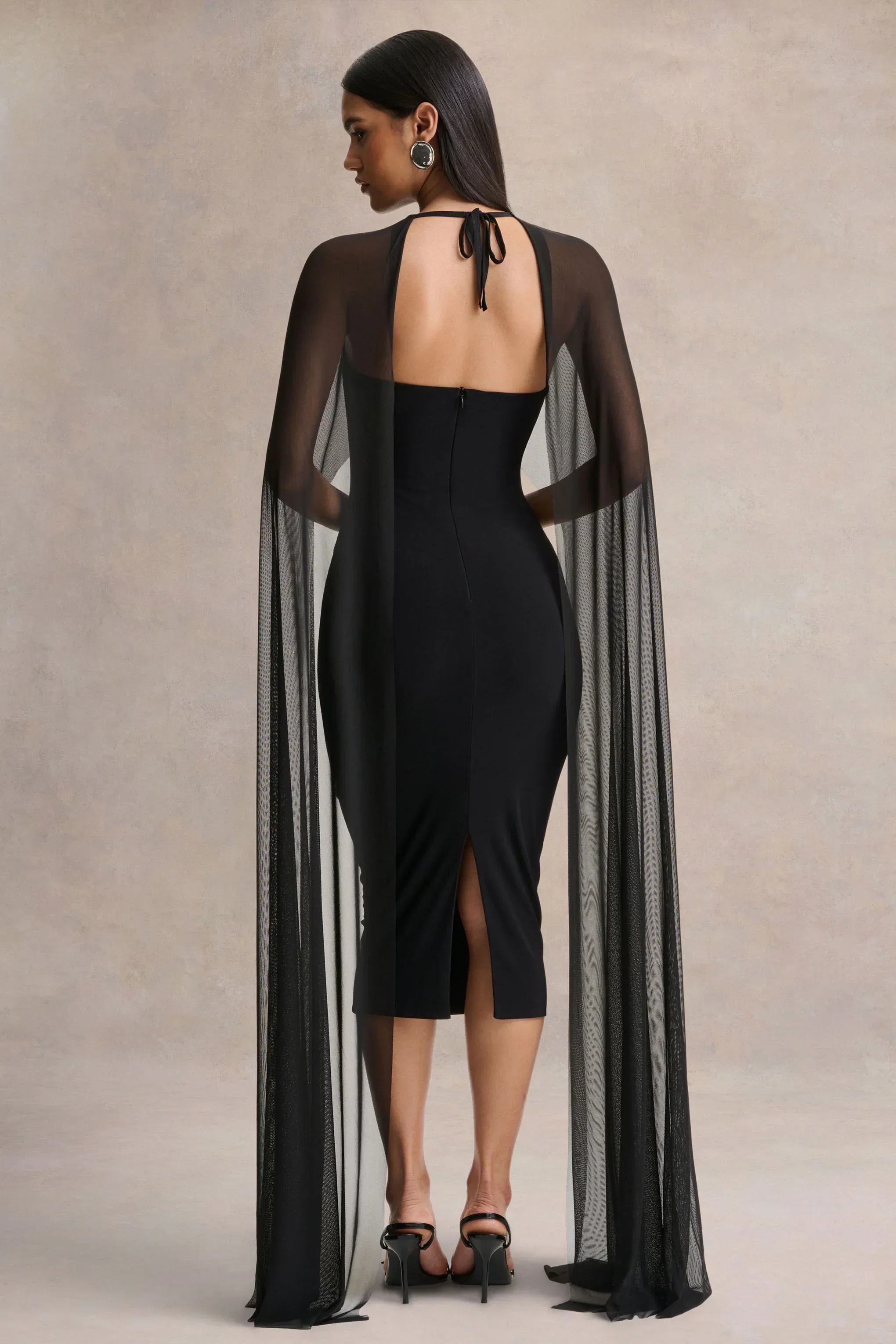Filippa | Black Crew-Neck Midi Dress With Sheer Cape-Sleeves