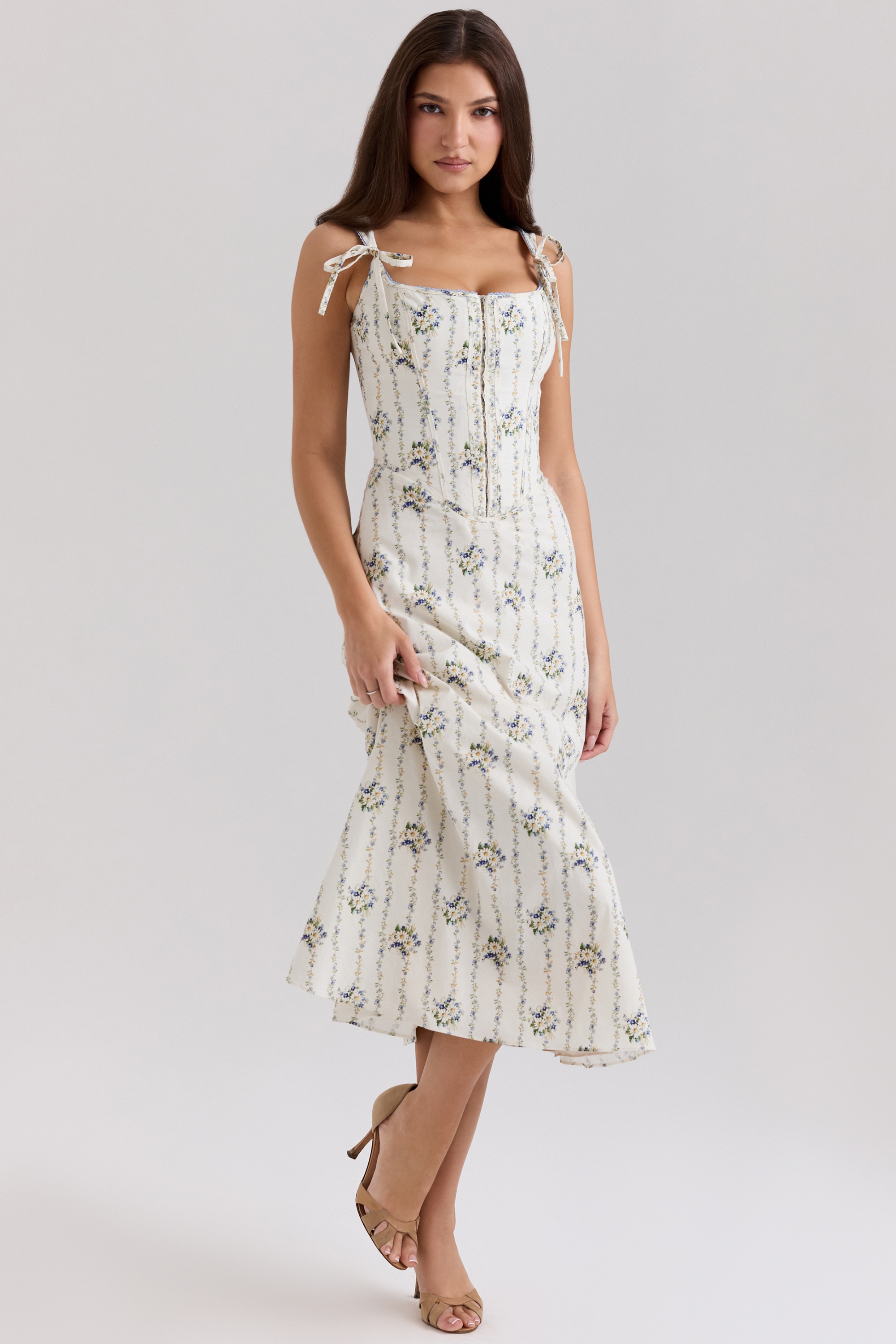 cream daisy print stretch cotton midi dress