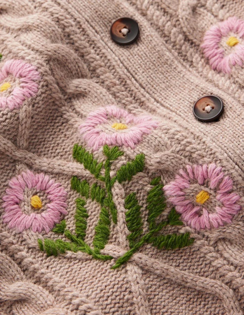 Cable Knitted Cardigan Mink Melange, Embroidery
