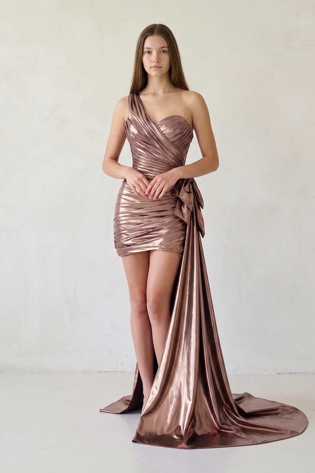 Metallic Green One-Shoulder Ruched Homecoming Dress
