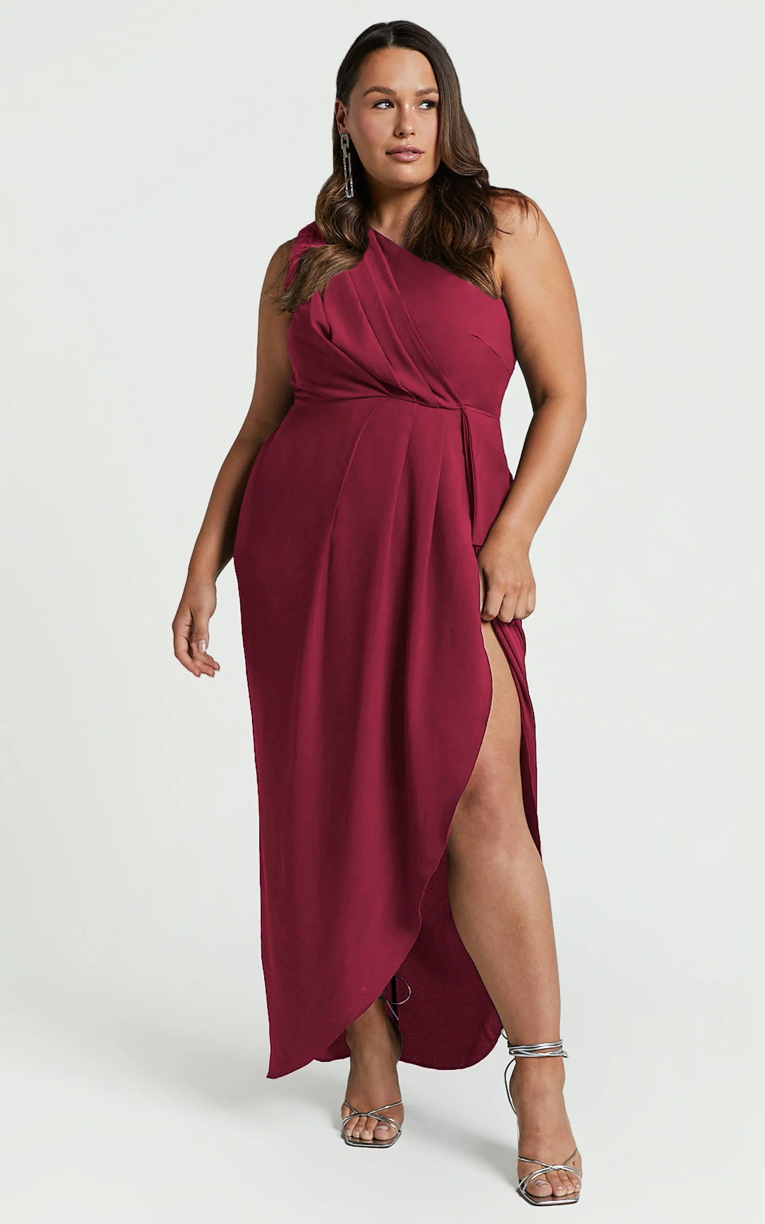 Namaari Midi Dress - Faux Wrap One Shoulder Dress in Wine