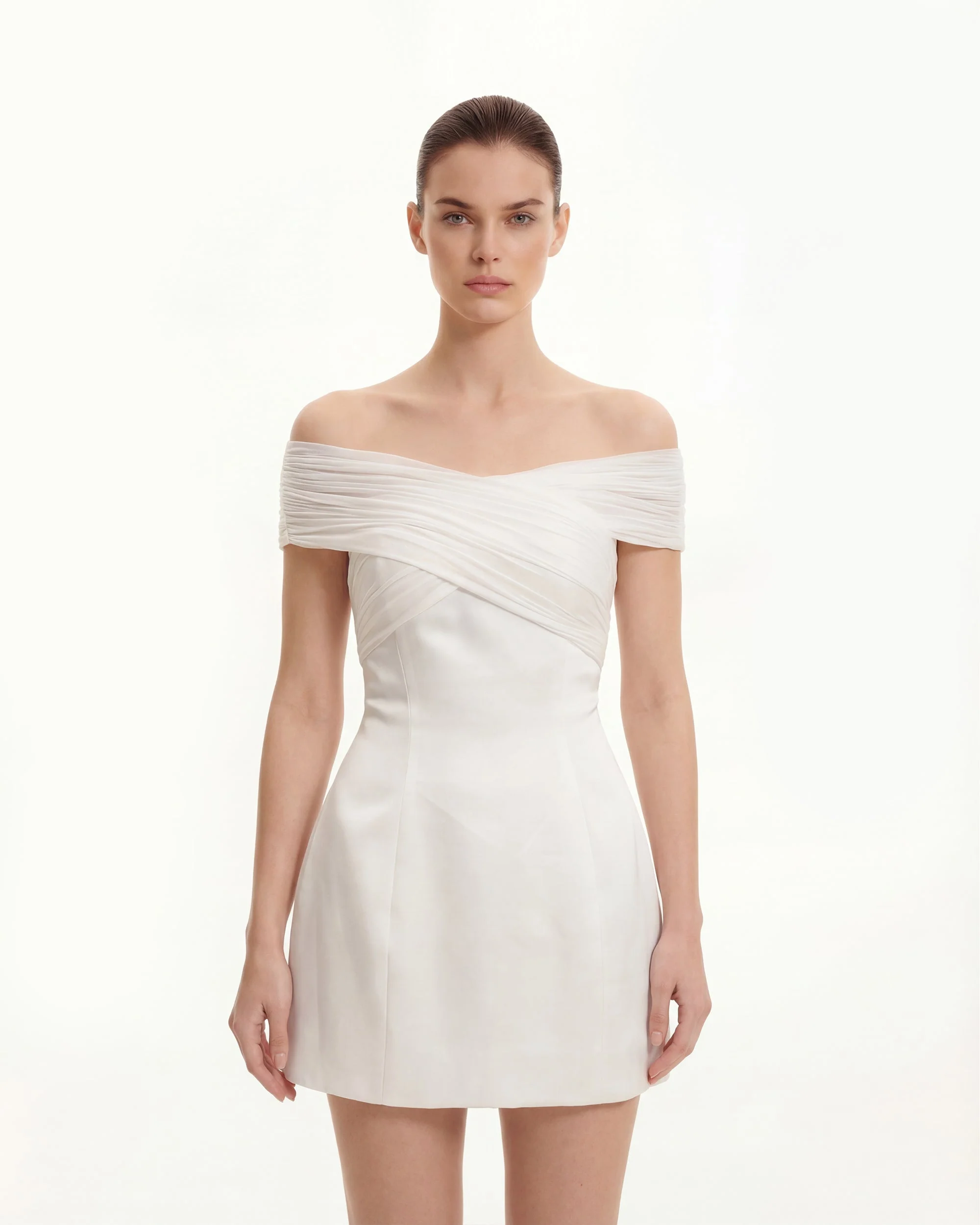 Satin Mini Dress with Tulle Cross-Halter - White - FASHION NOB