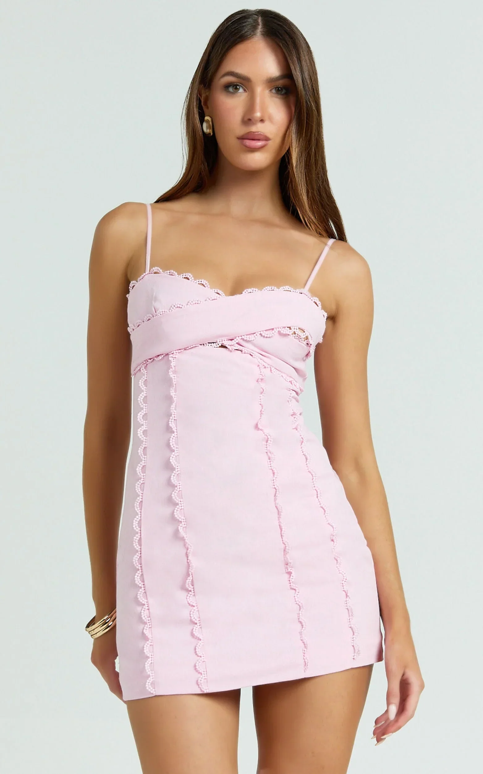Gigi Mini Linen Blend Dress - Sweetheart Tie Back Scallop Detail Dress In Pink