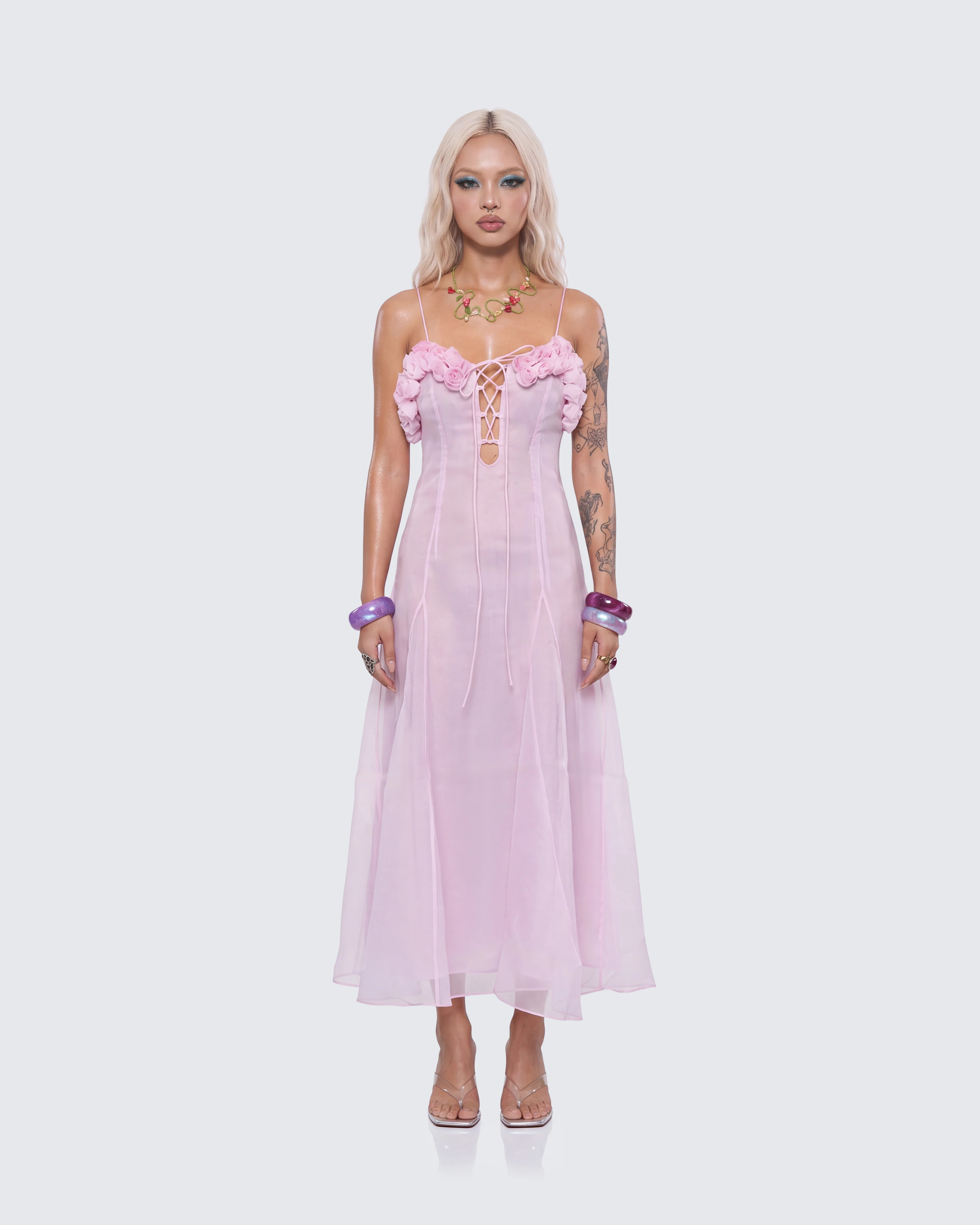 Glena Pink Sheer Godet Midi Dress