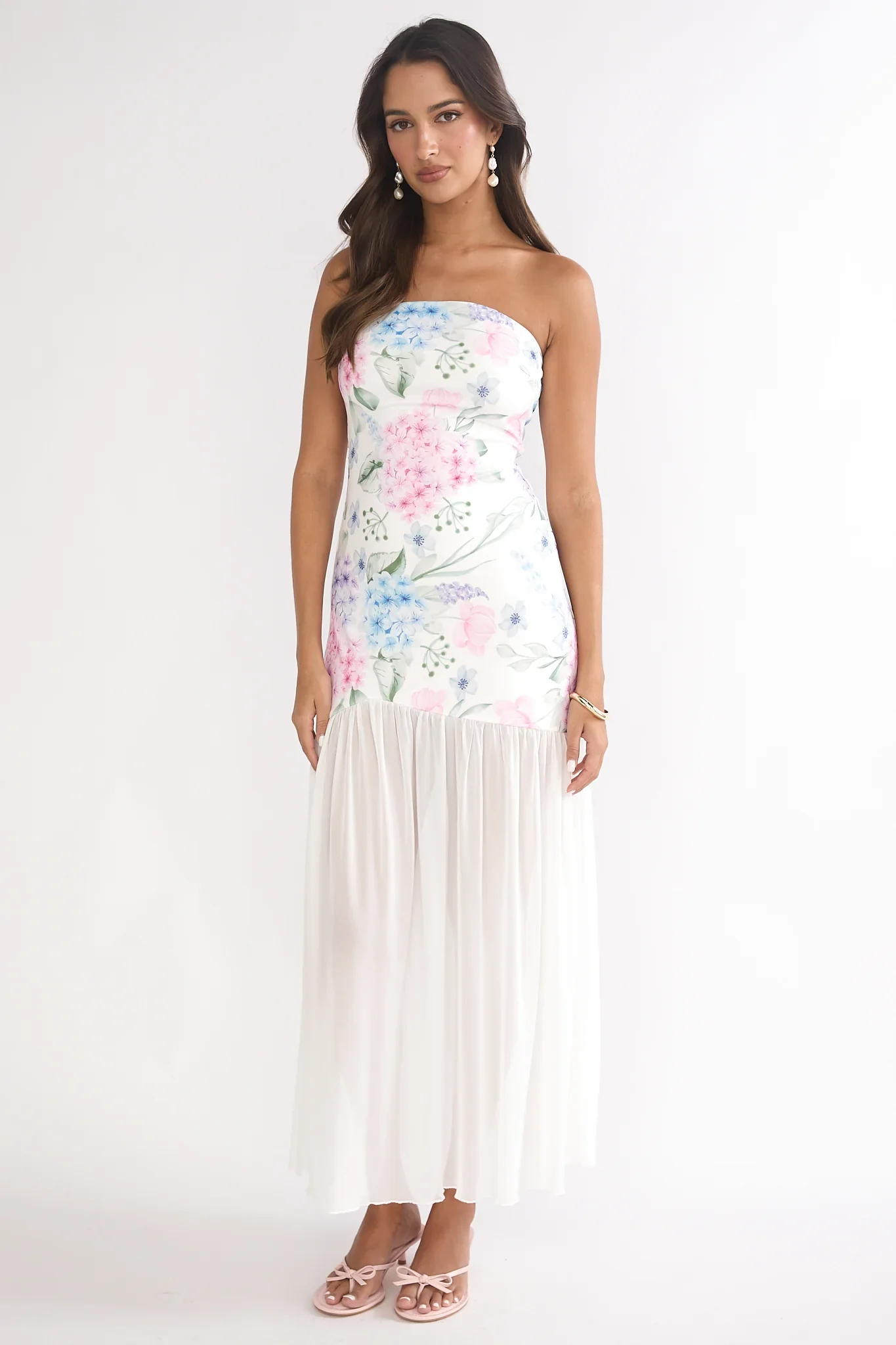 Wilma Sheer Hem Strapless Maxi Dress Flowers Blue