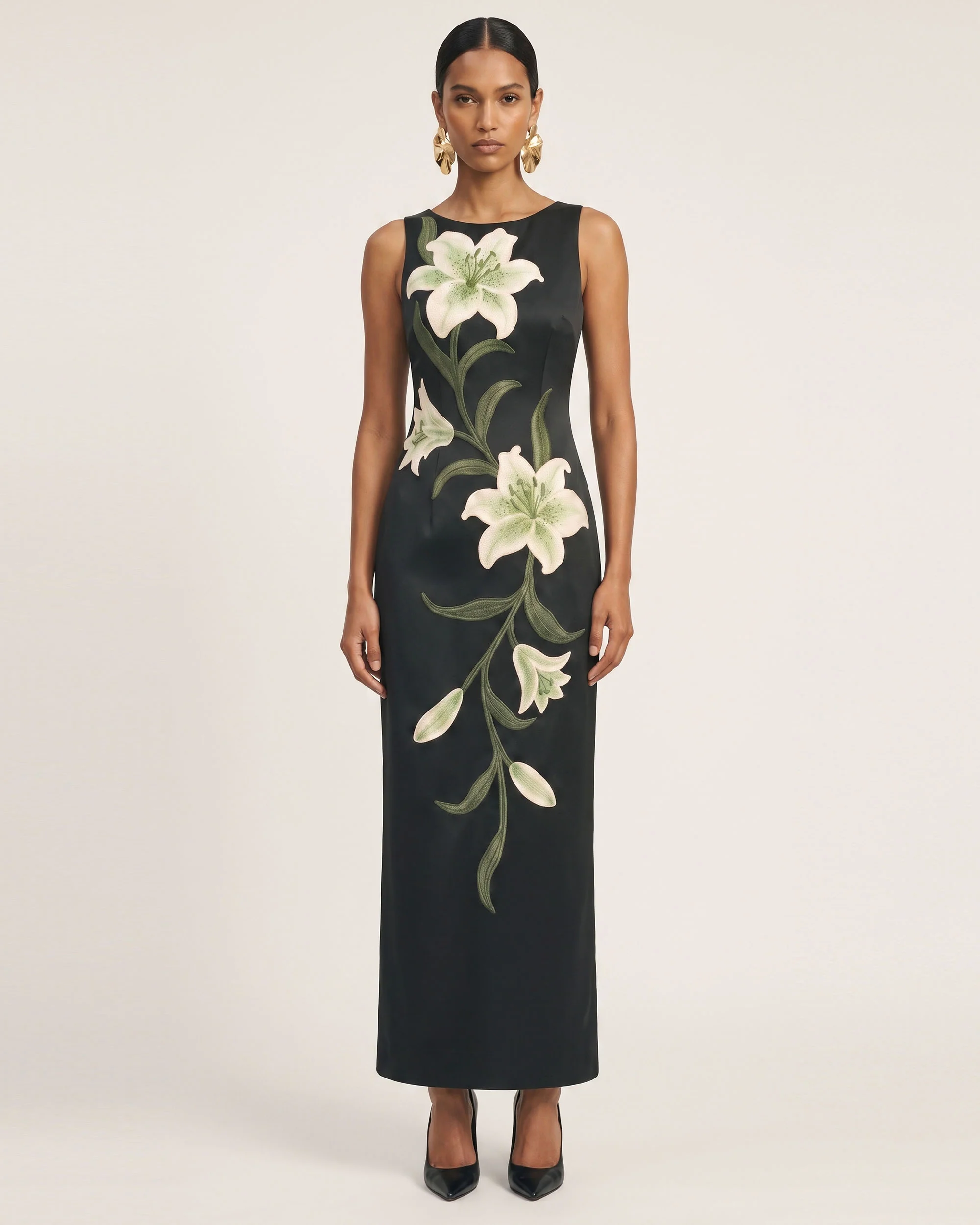 Lily Floral Print Sleeveless Column Maxi Dress - Black