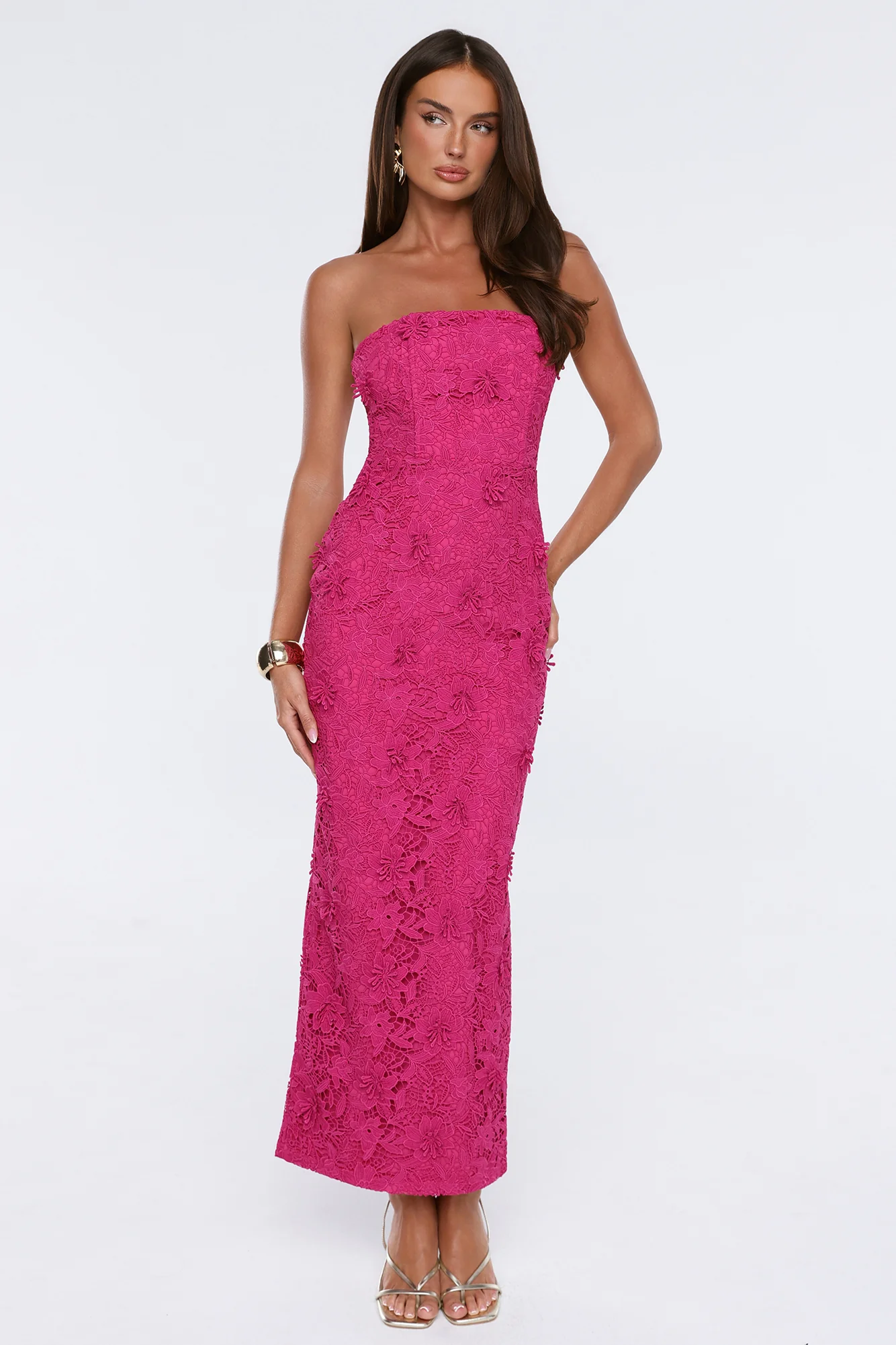 Gentle Beauty Strapless Embroidered Maxi Dress Hot Pink