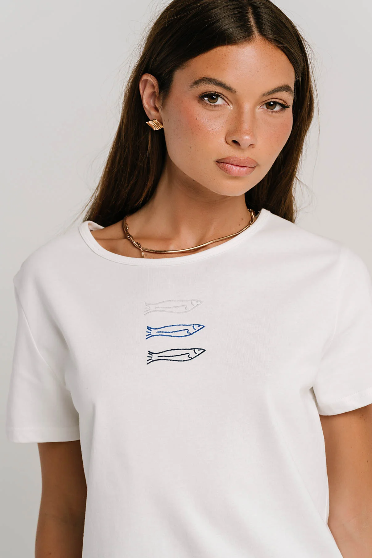 Ashley Embroidered Fish Baby Tee in White