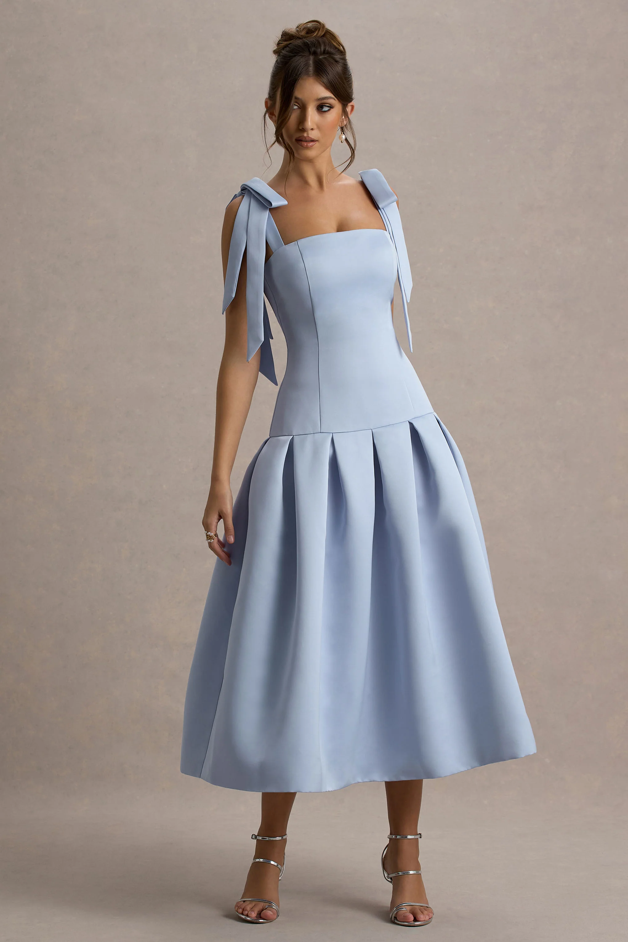 Alberta | Powder Blue Satin Square-Neck Midi Dress With Bow Straps