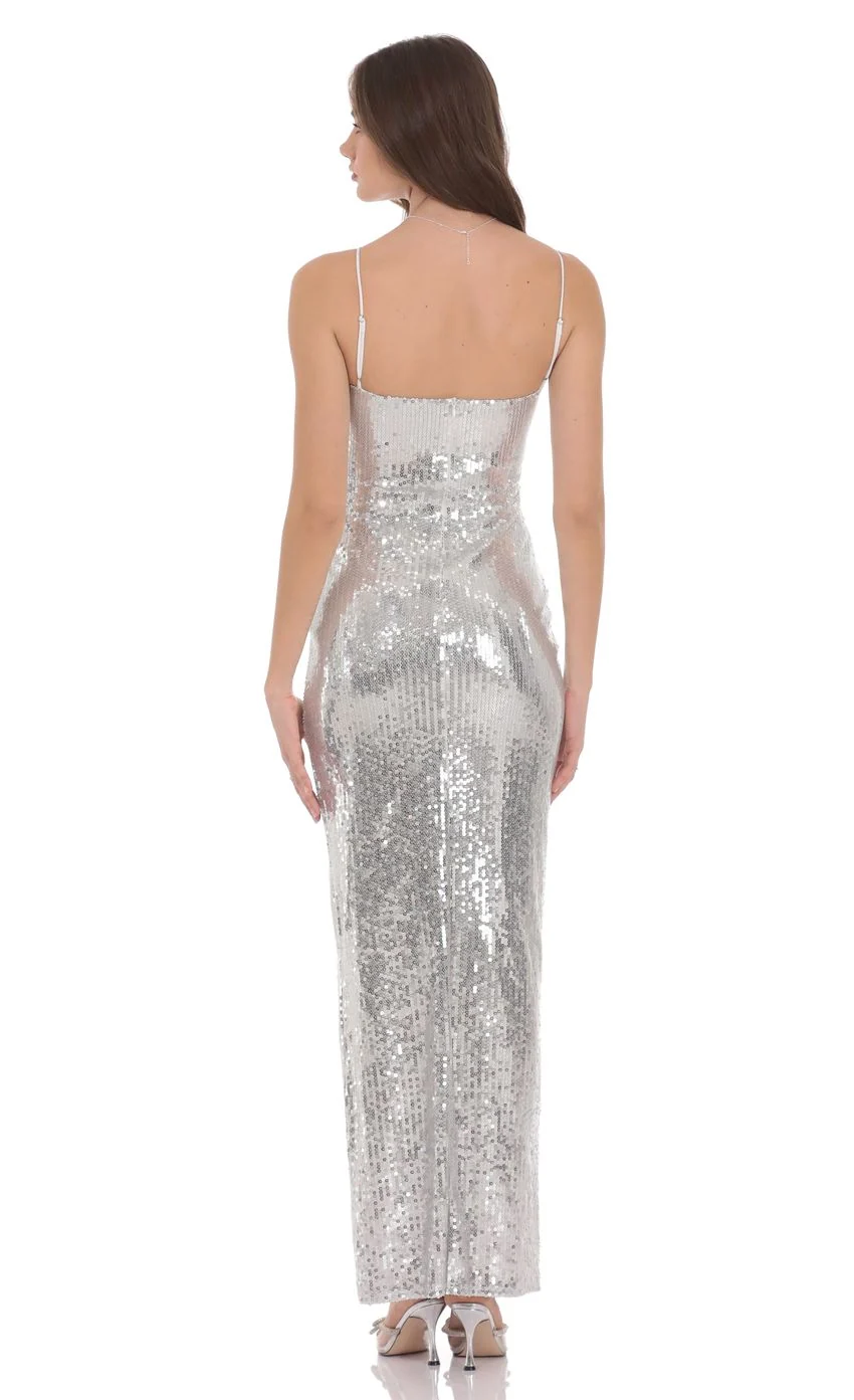 Sequin Keyhole Maxi Dress in Silver