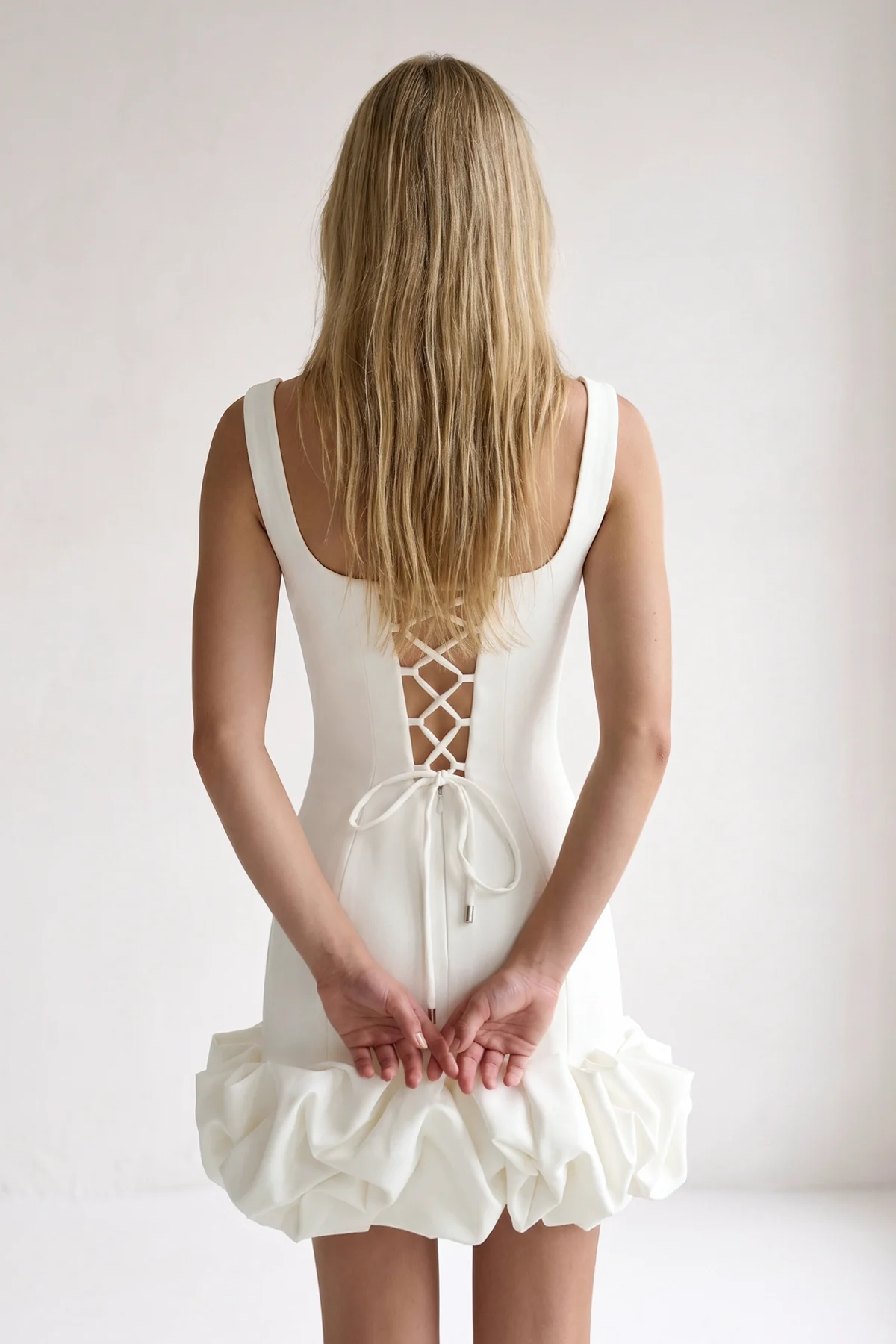 Ruched Ivory Spandex Mini Dress With Ruffles